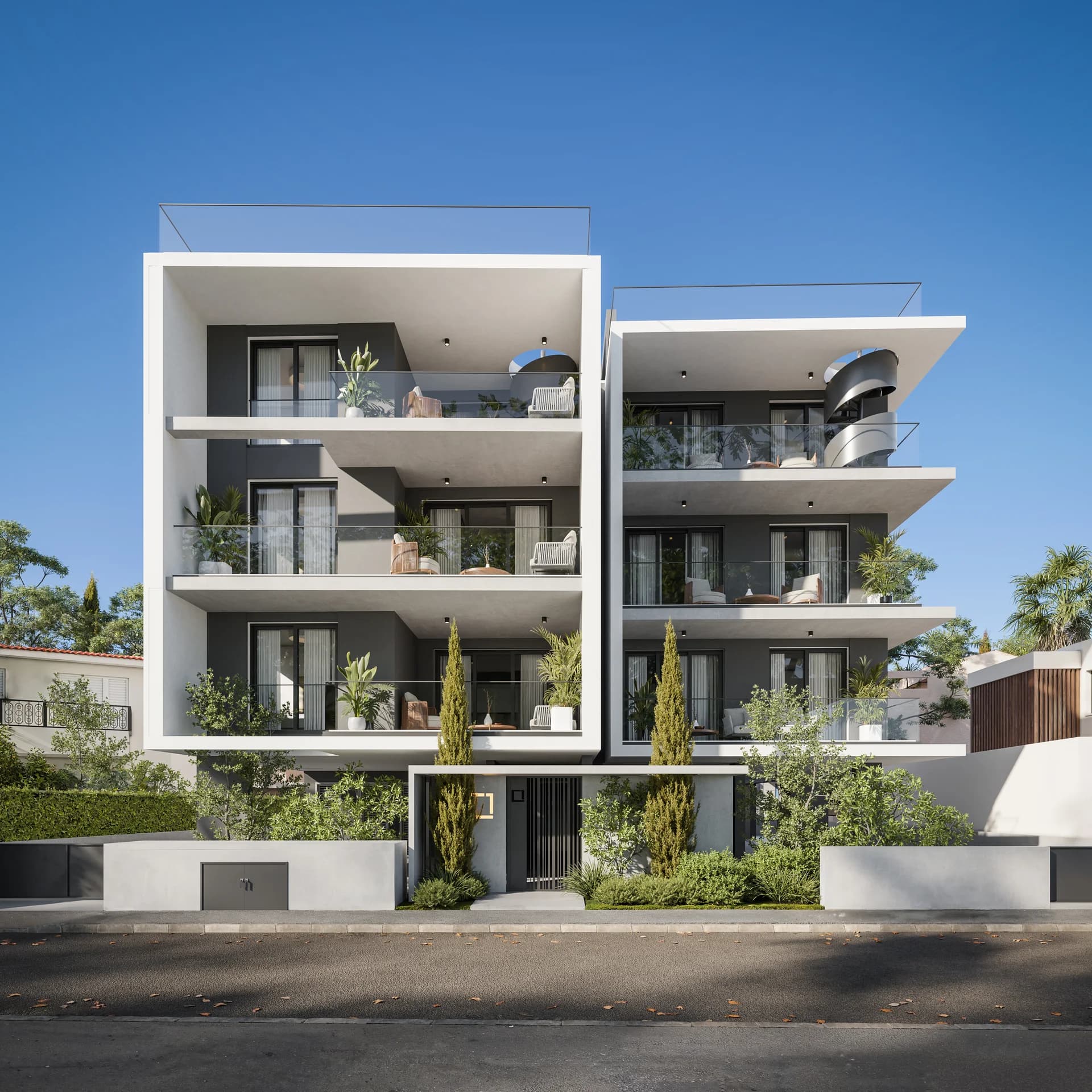 ACHILLEAS's white framed balconies with planting and a spiral stair to the roof