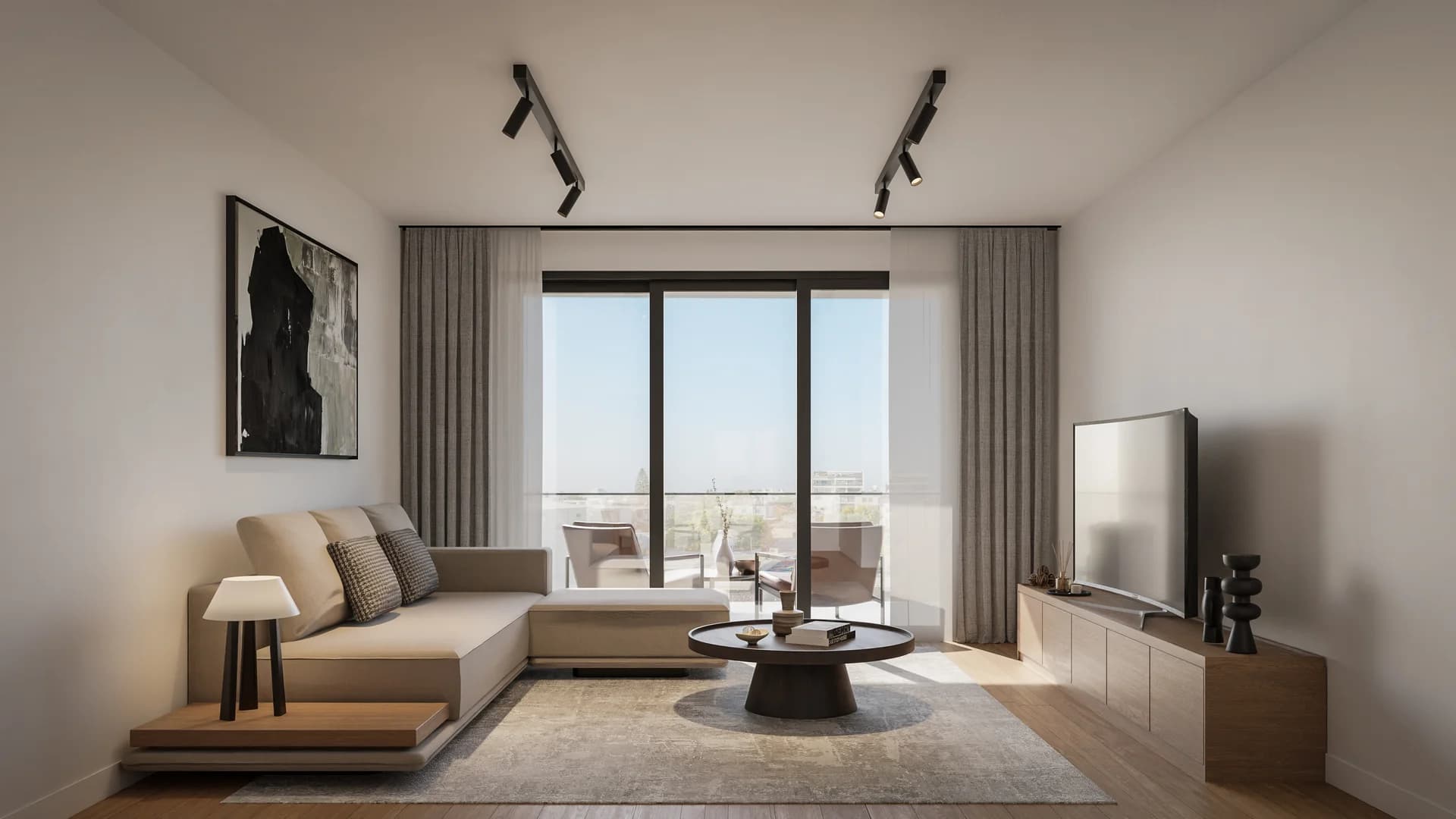 ACHILLEAS living room with a low sofa and a balcony door