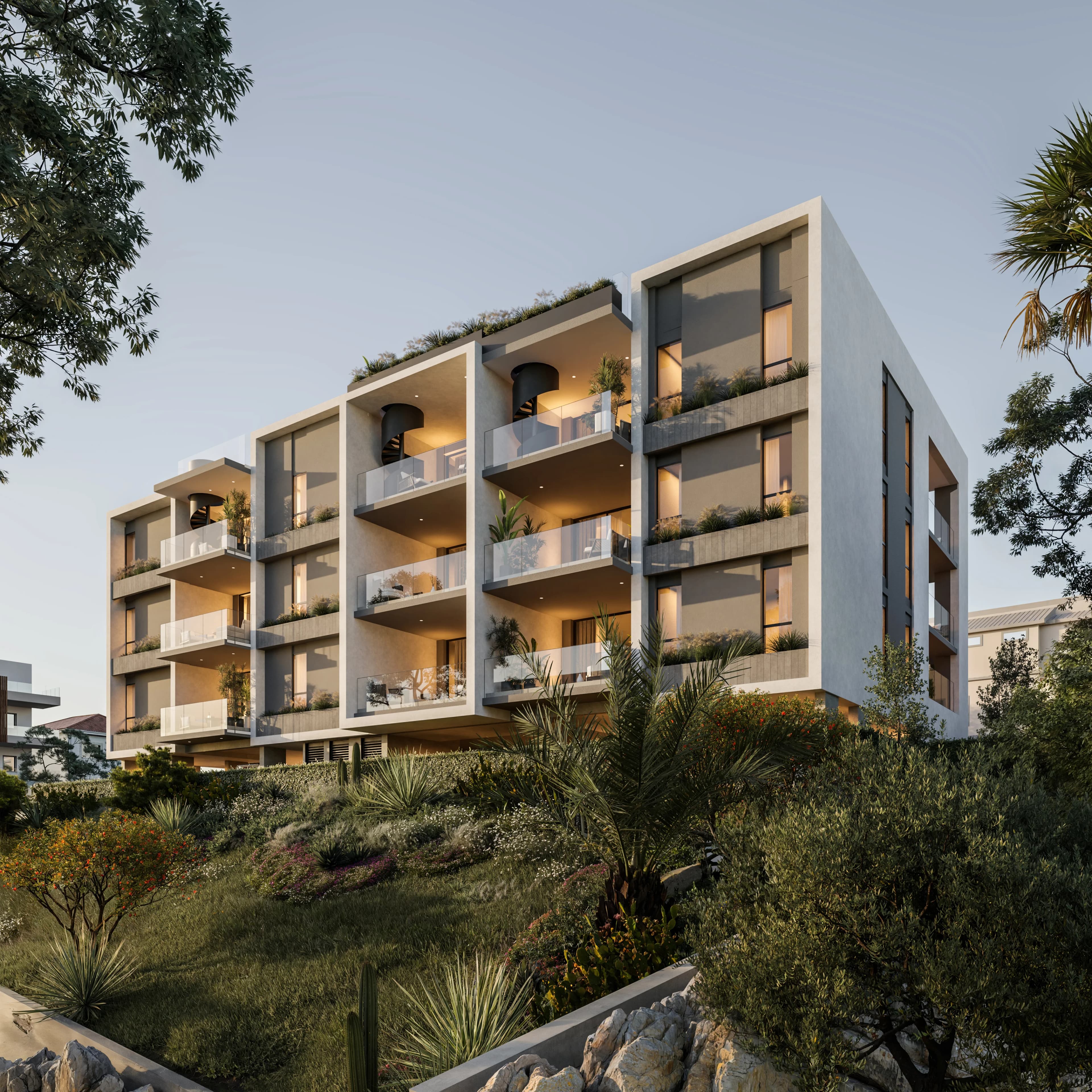 AETHER RESIDENCES façade with balconies at golden hour