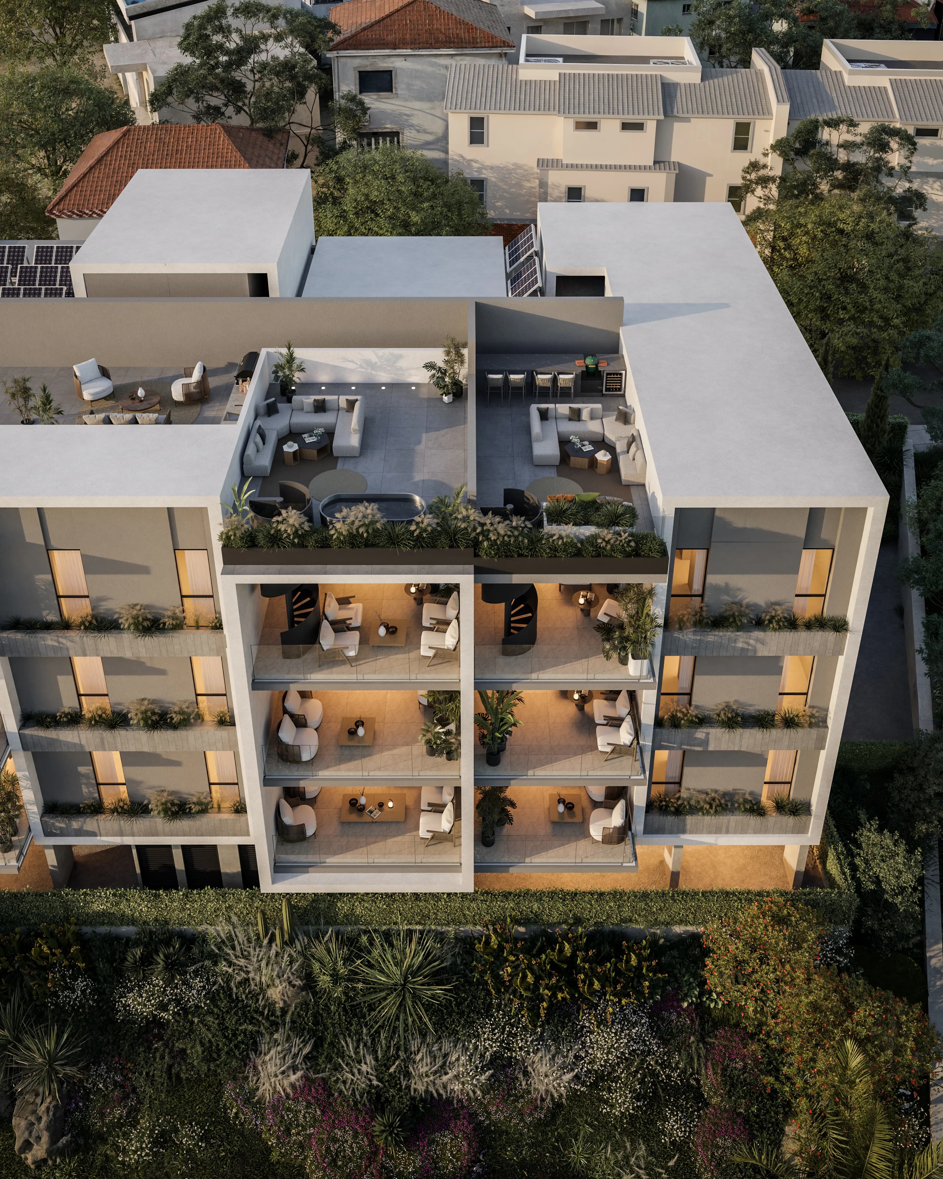 Top-down view of AETHER's planted terraces and roof gardens