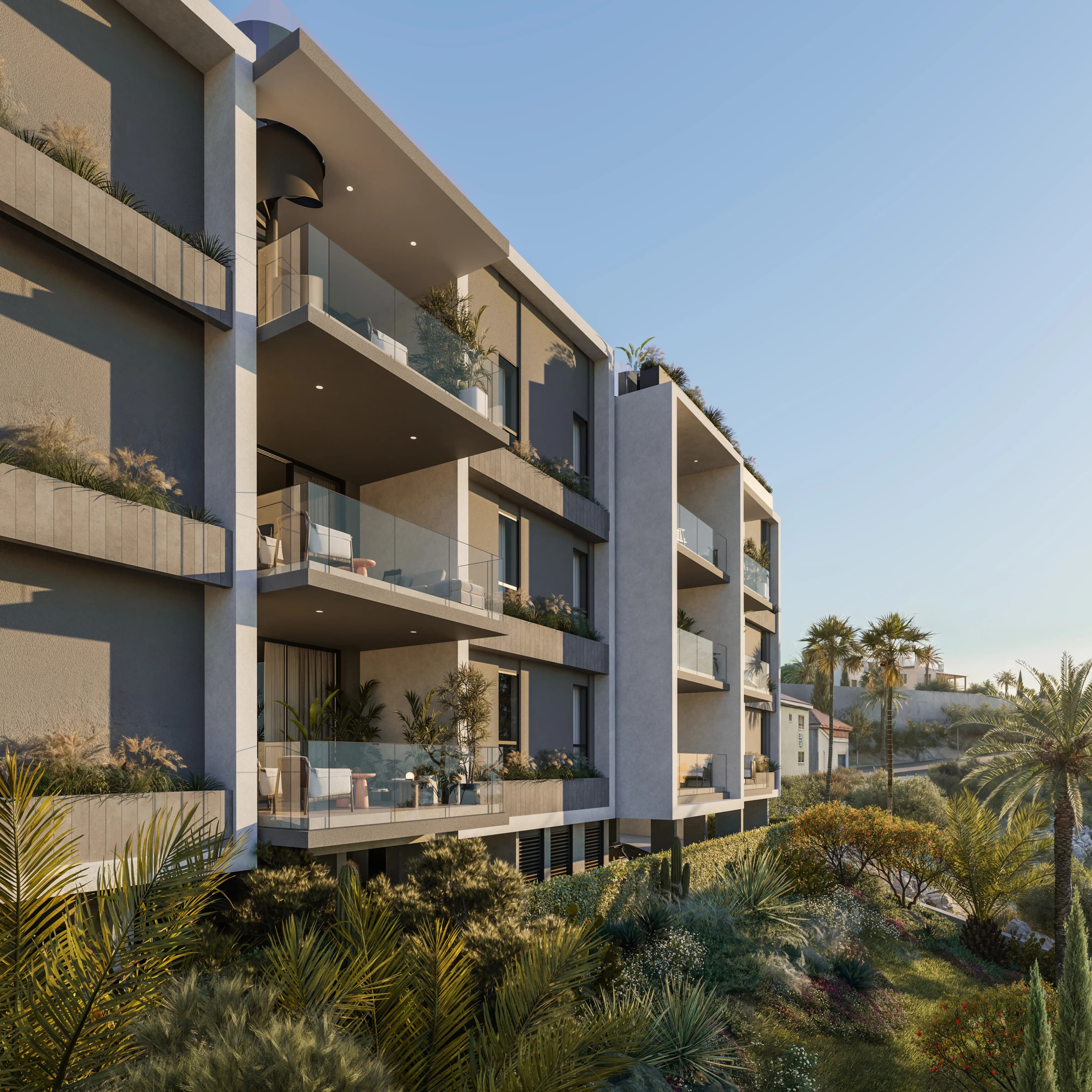 AETHER RESIDENCES balconies and façade in the evening sun