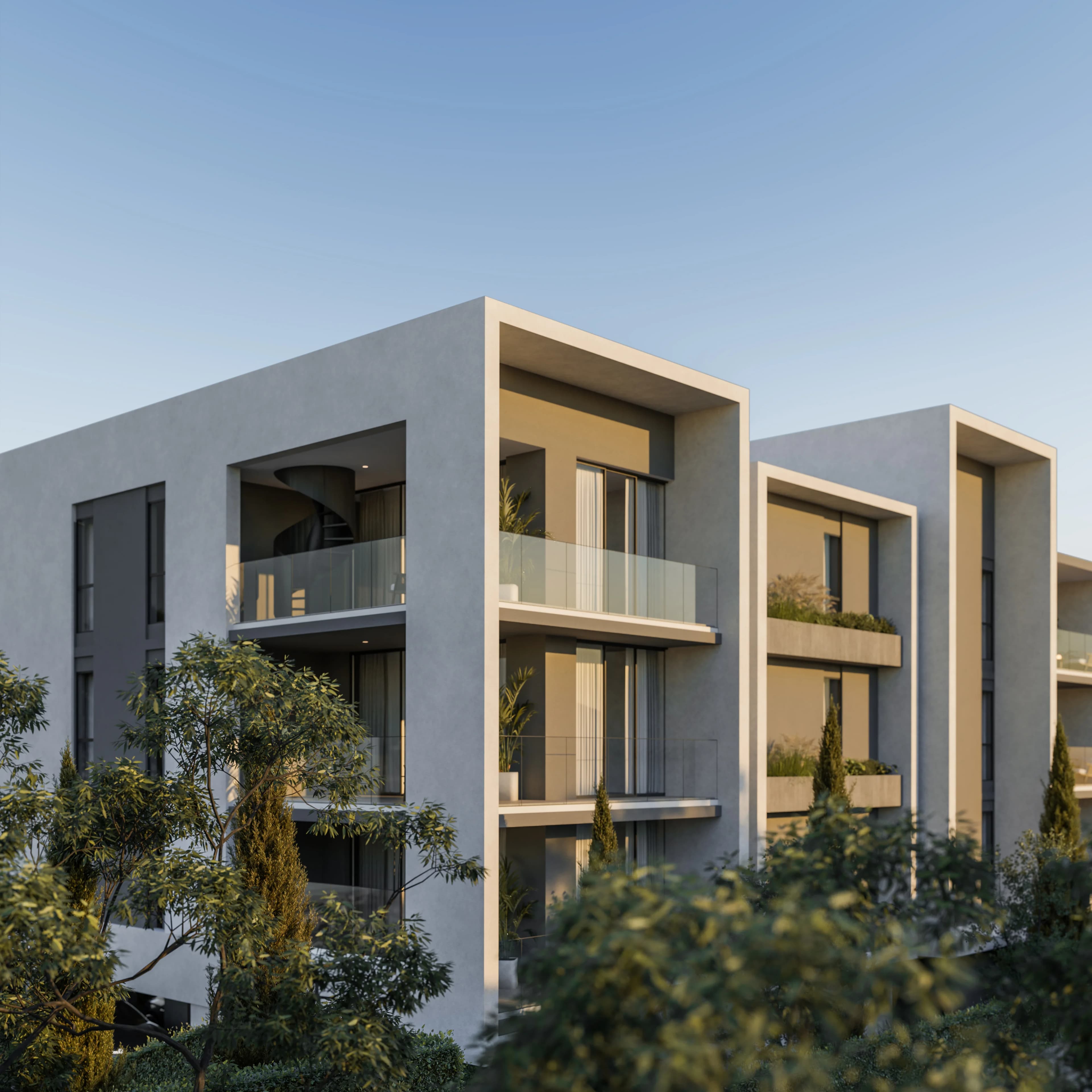 Corner of AETHER with deep framed balconies and a spiral stair