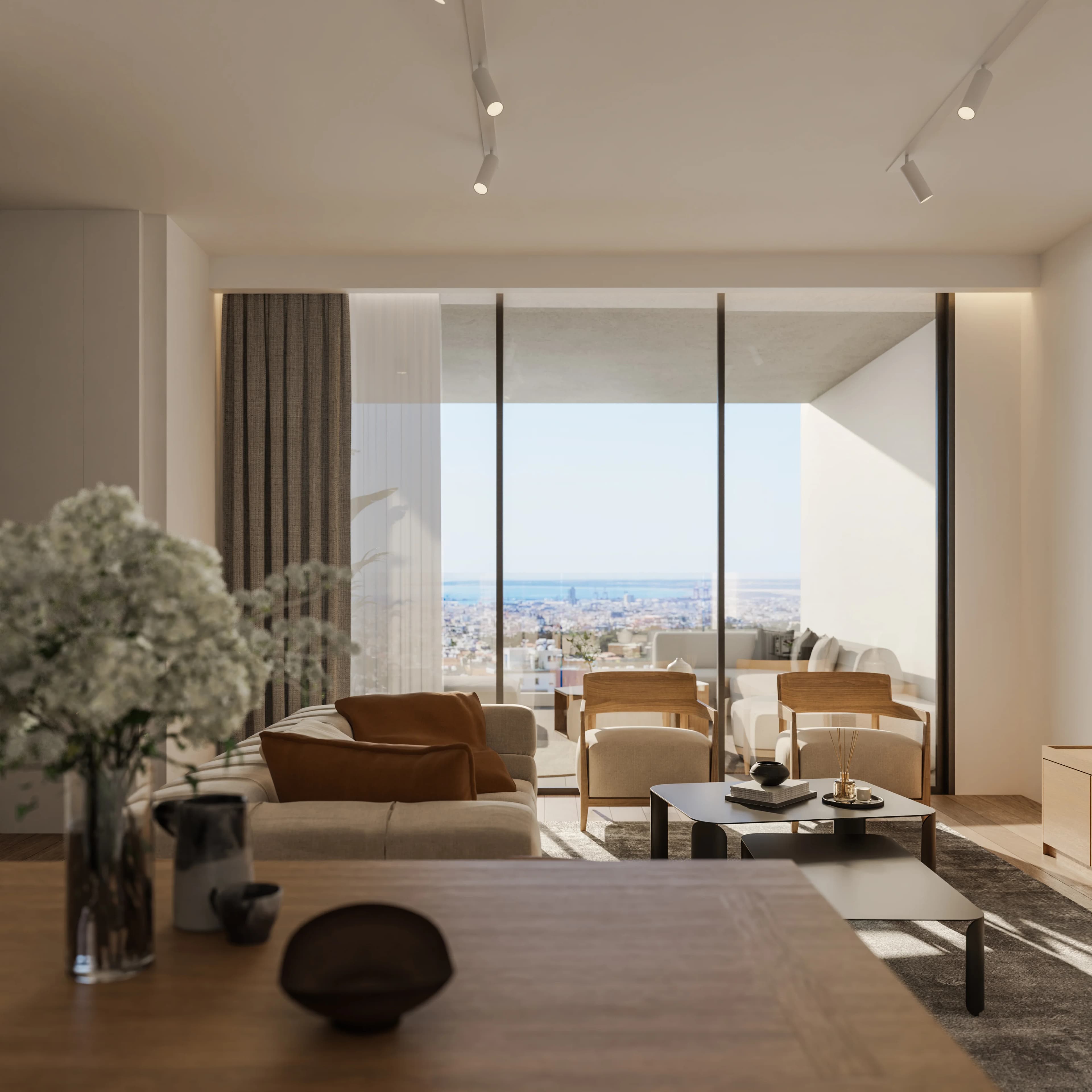 AETHER living room with full-height glass and a view over the city to the sea