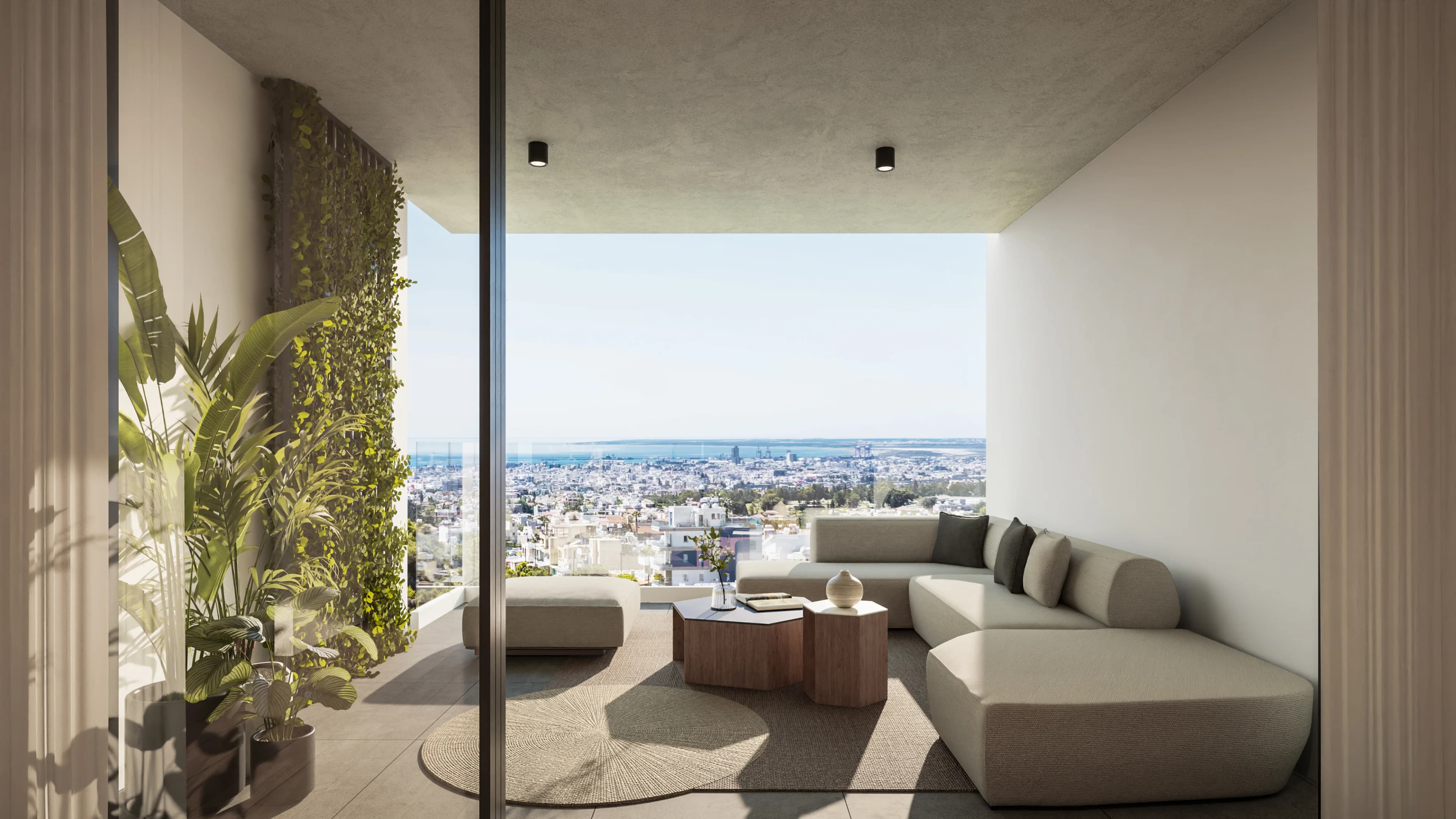 AETHER covered terrace lounge beside a green wall, the city beyond