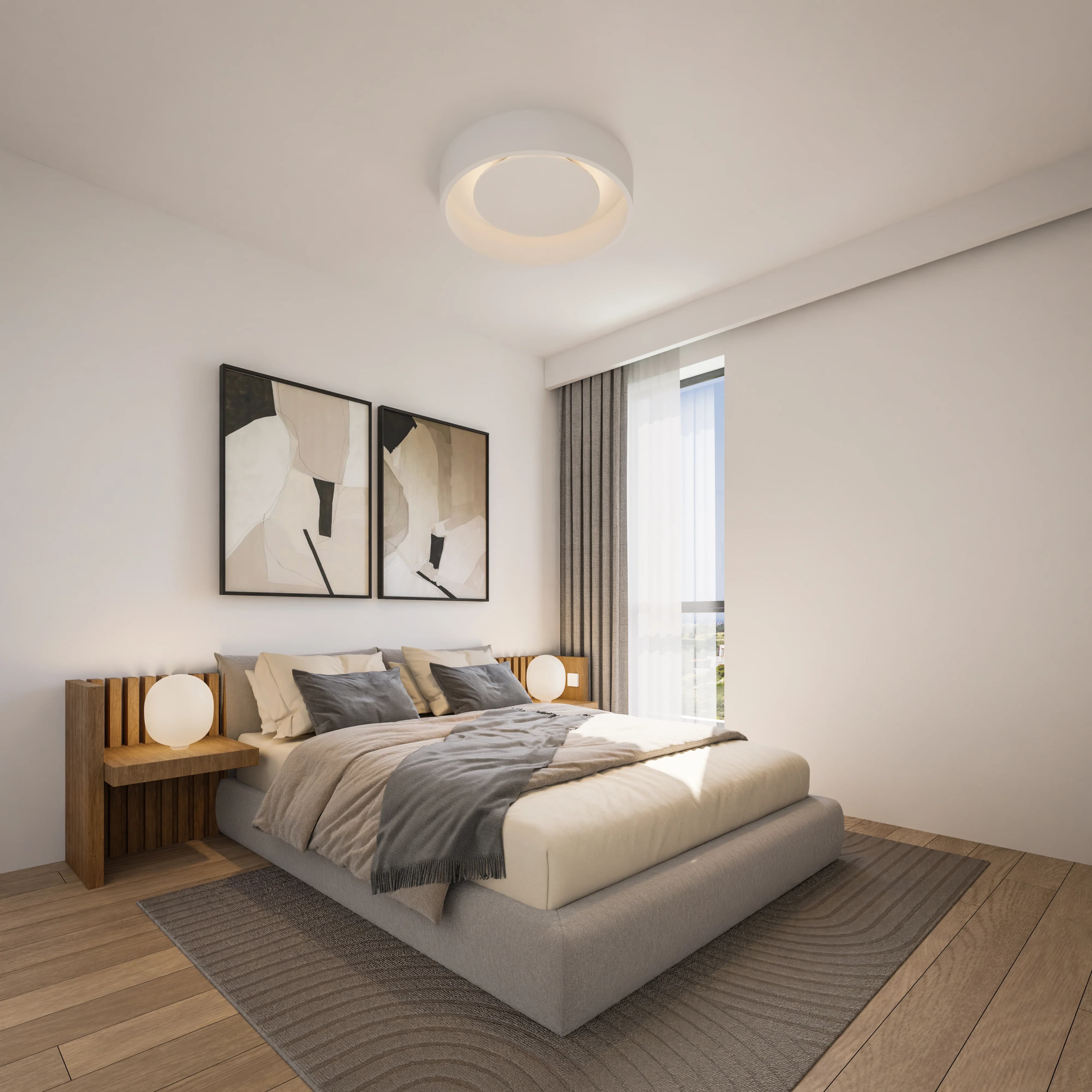 AETHER bedroom with paired artworks and a slatted headboard