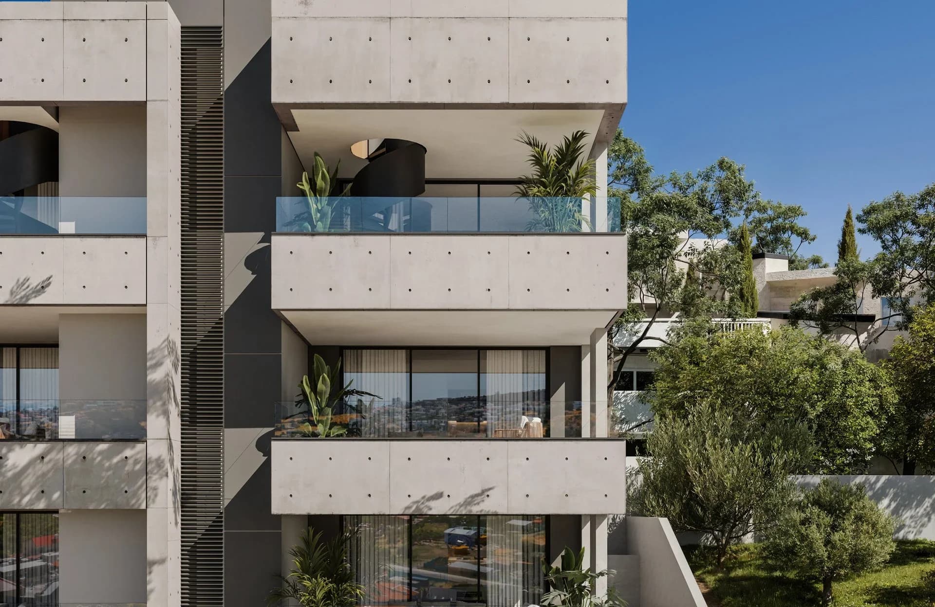 ALDO's concrete balconies with glass railings and planters among olive trees