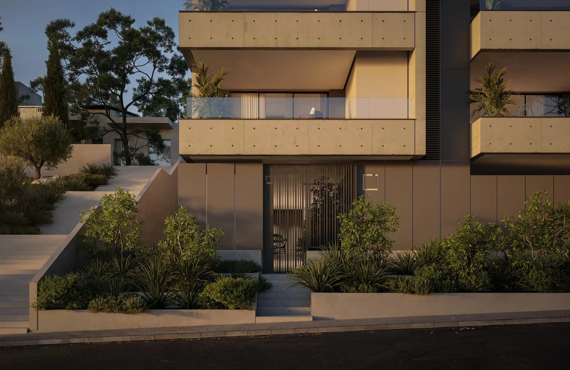 ALDO's planted entrance garden under warm-toned balconies