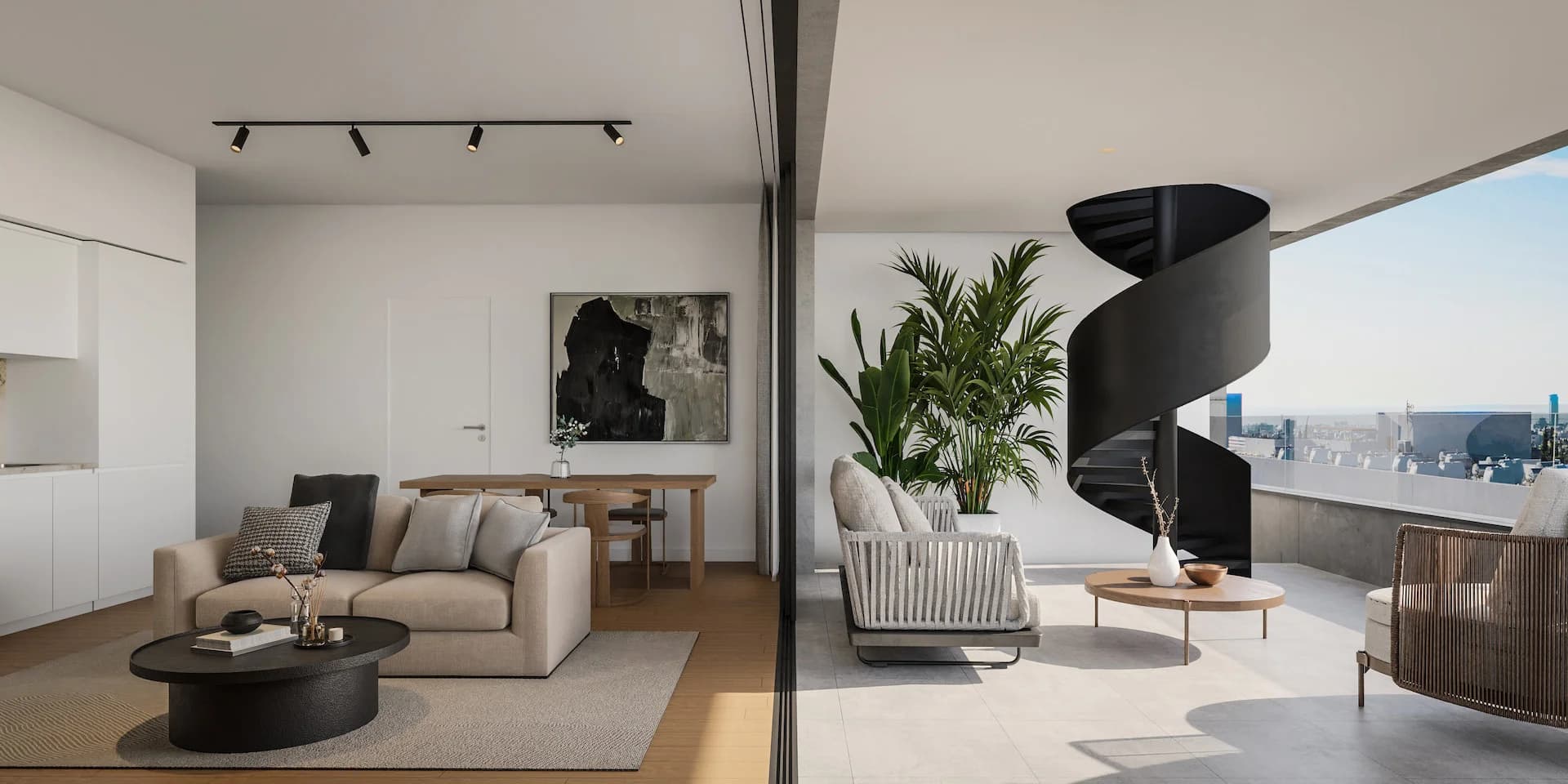 ALDO living room with a black spiral stair up to the roof garden