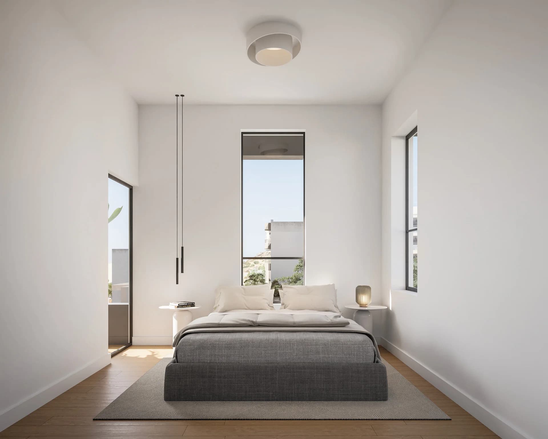 ALDO bedroom with a tall slot window and pendant lights