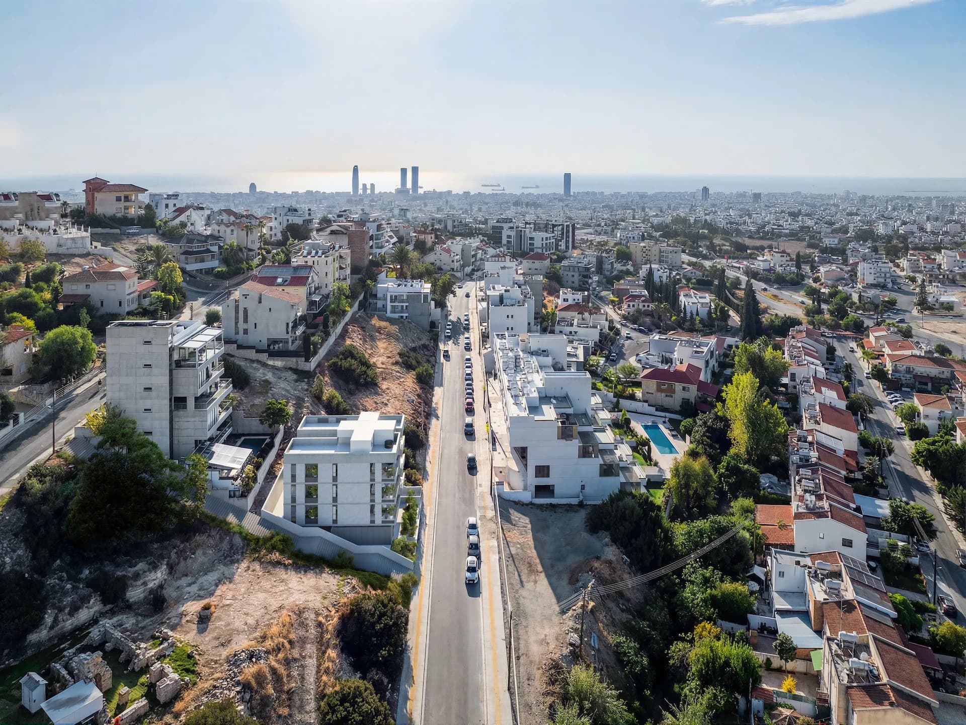 Aerial view from ALDO in Agios Athanasios down to Limassol's towers and the sea