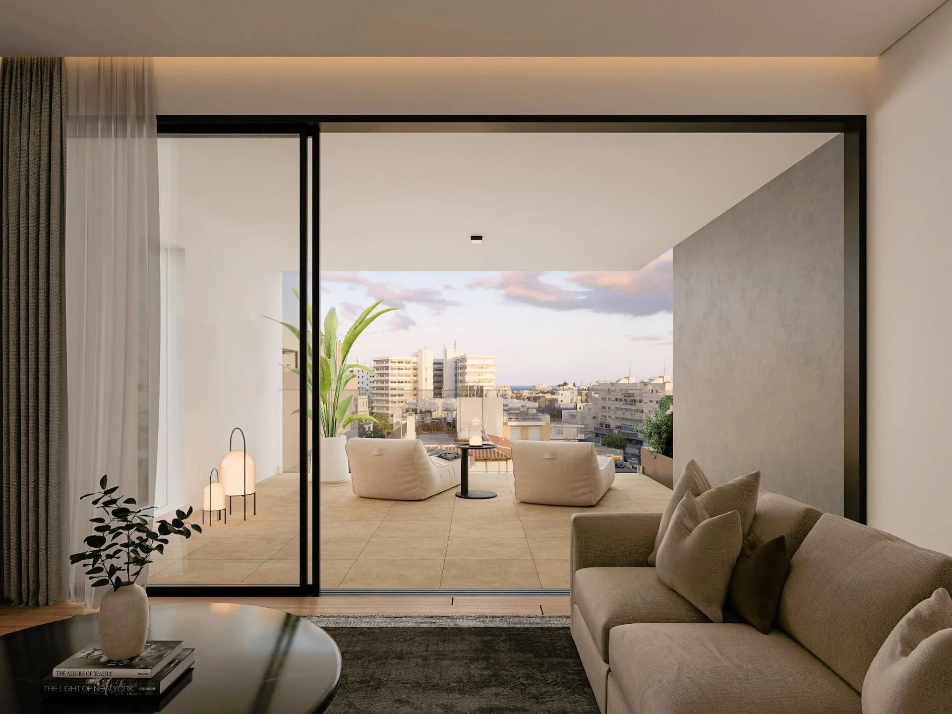 ANAIS living room opening onto a terrace above the rooftops of Agia Zoni