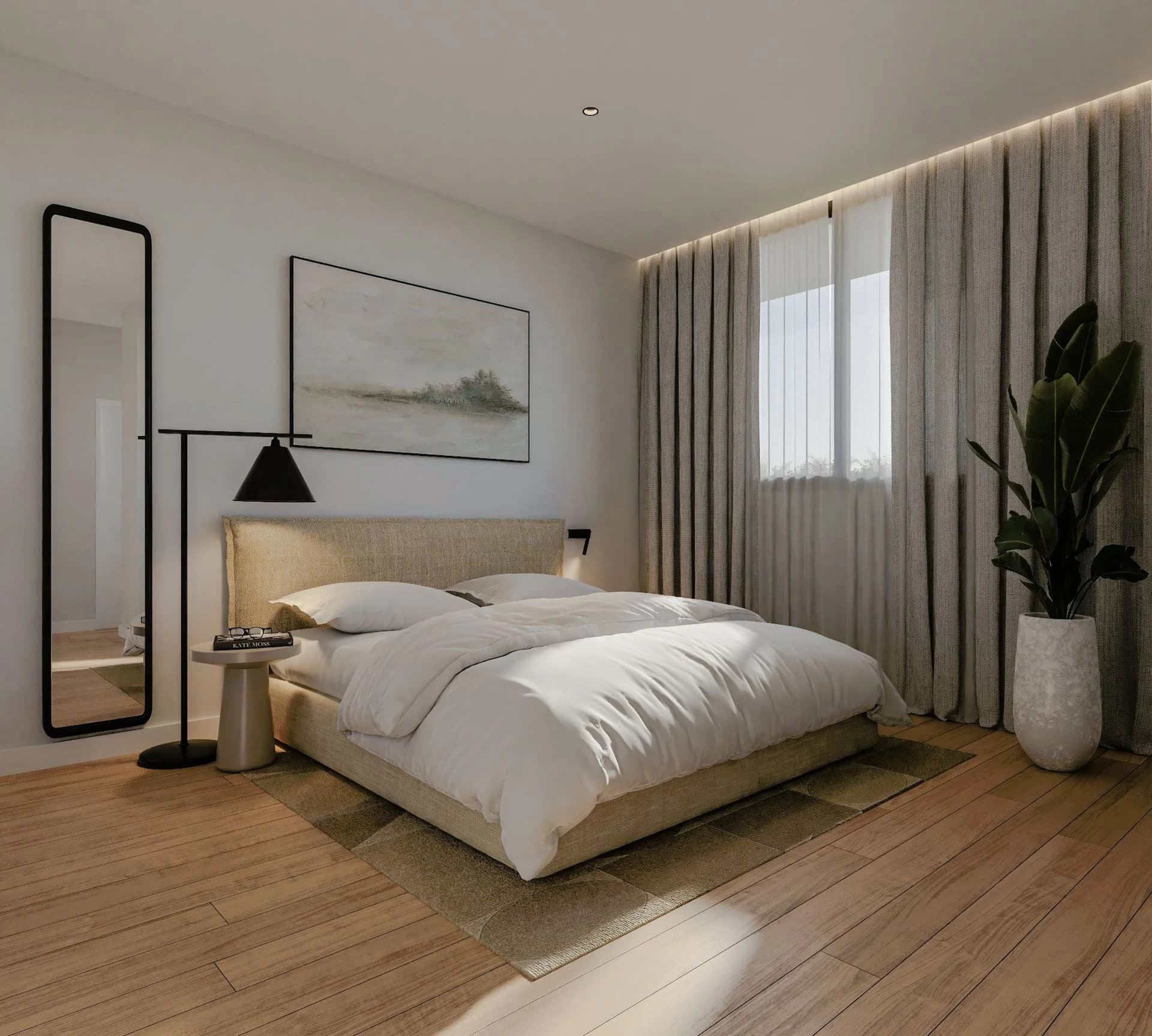 ANAIS bedroom with a linen headboard and a tall floor mirror