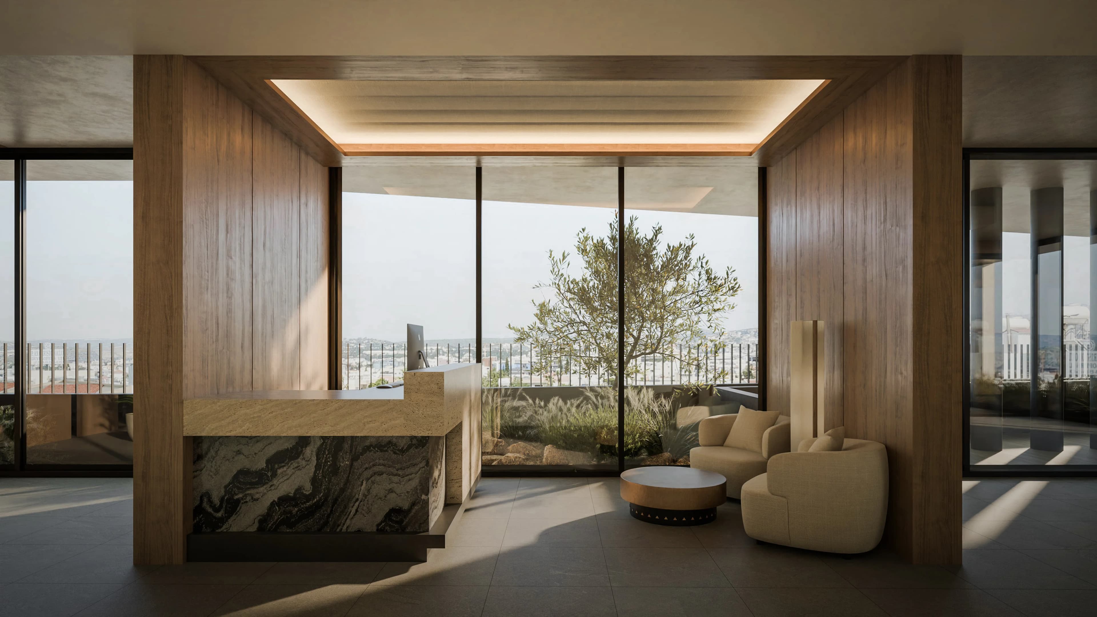 APEX reception with a marble desk and garden views