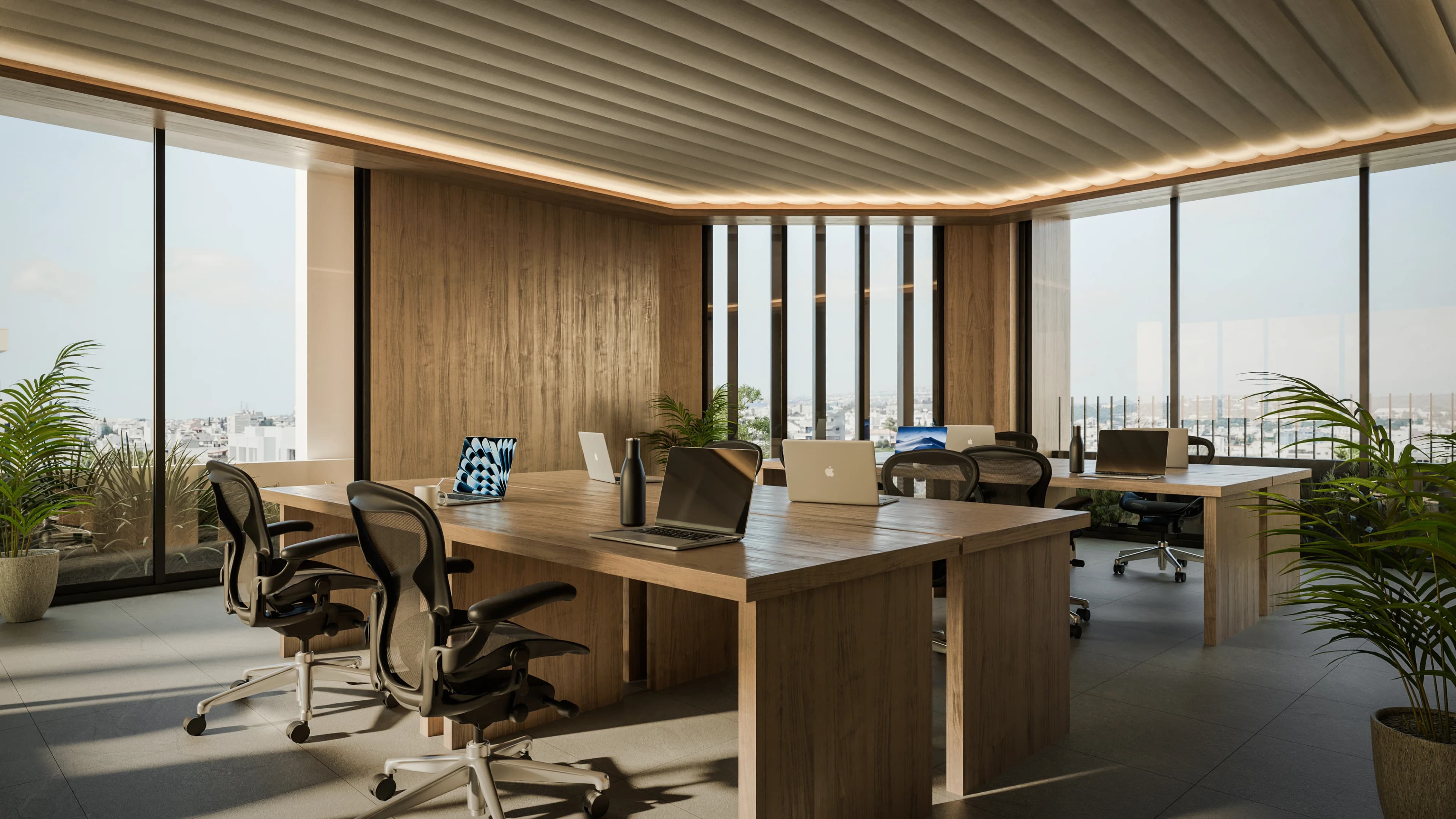 Open-plan APEX office with timber ceilings and floor-to-ceiling glass