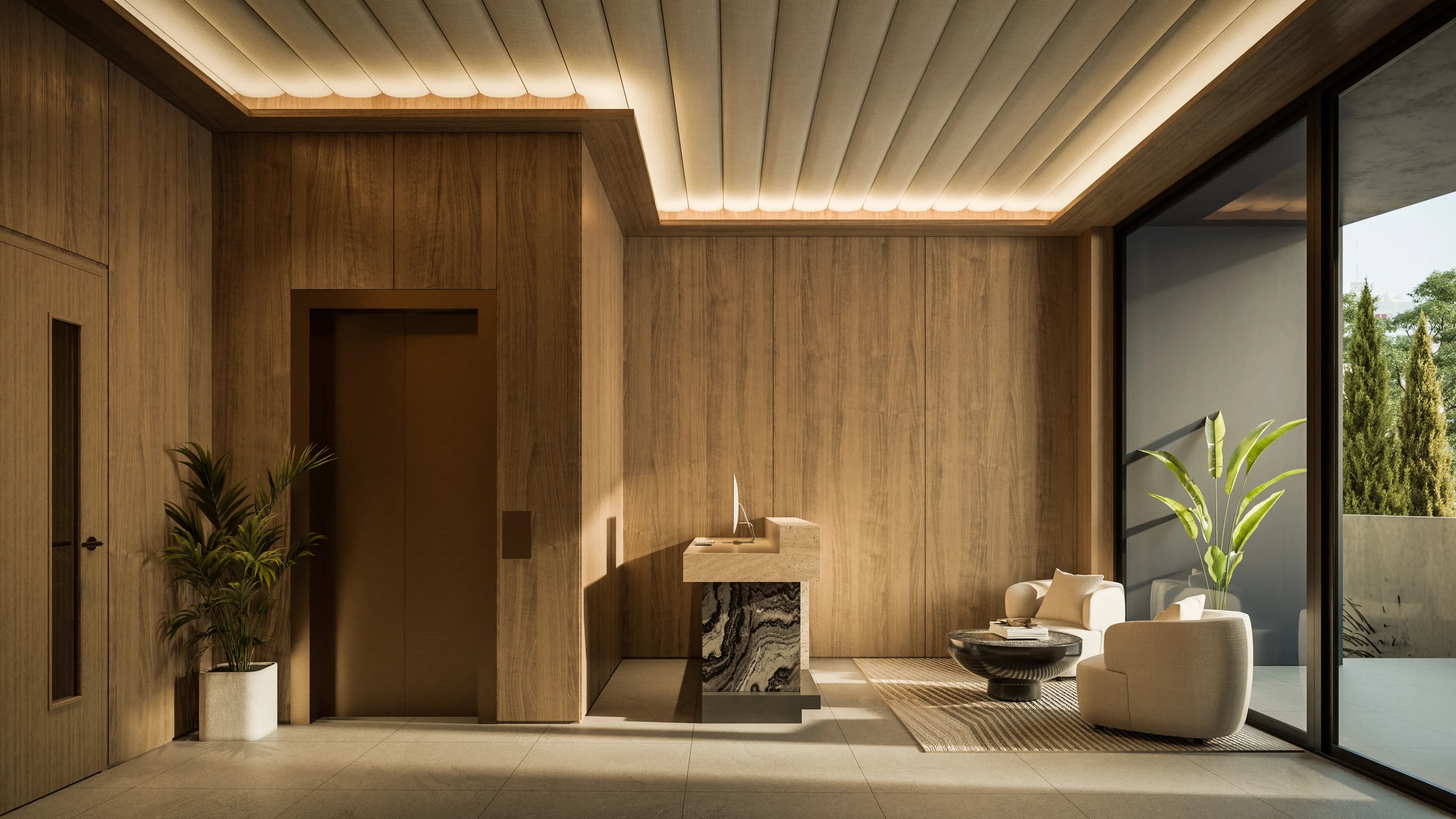 Timber-lined APEX lobby with lounge chairs and the lift