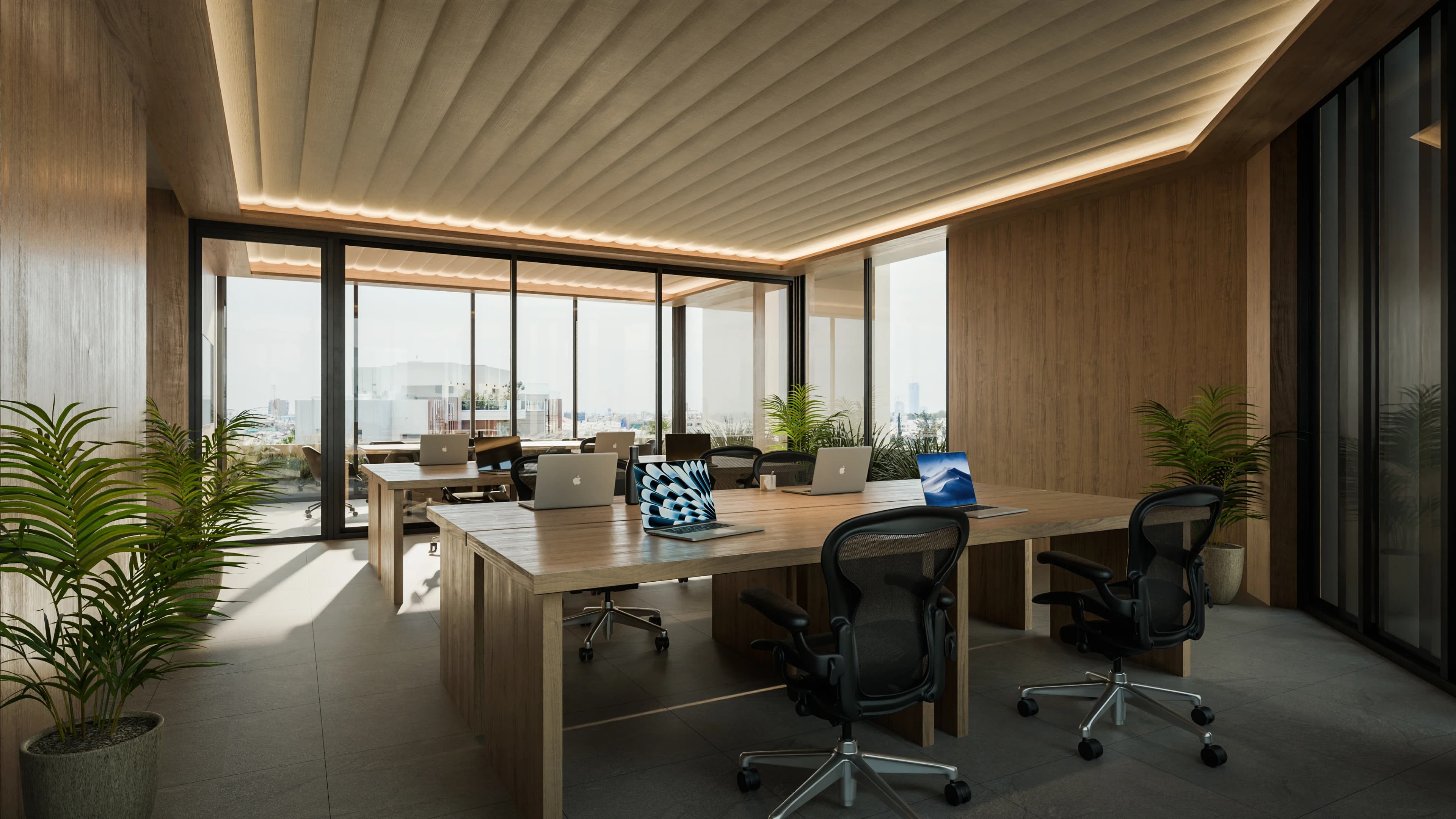 APEX office floor with timber-lined ceiling and city views