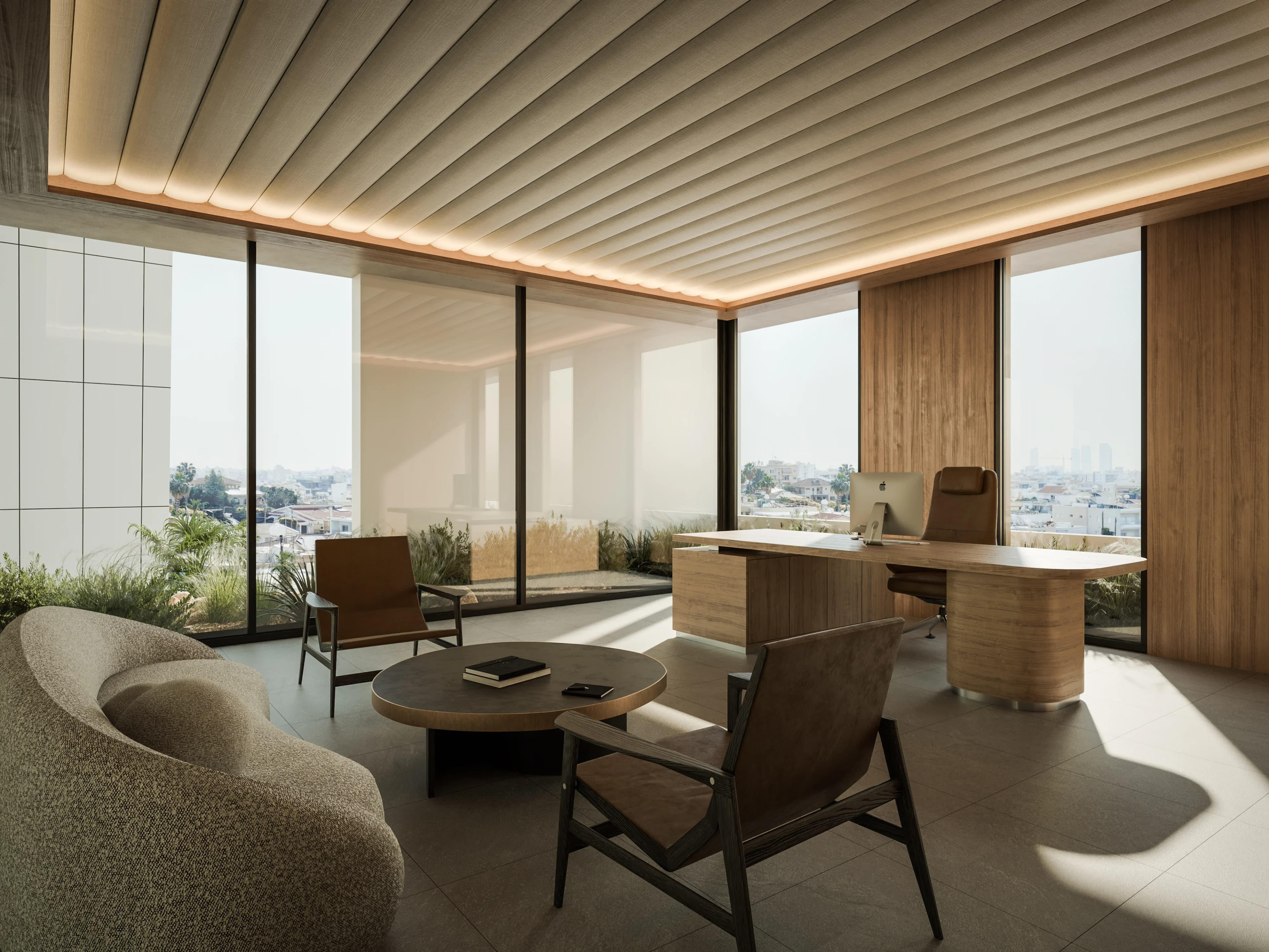 APEX private office with a timber desk and lounge chairs