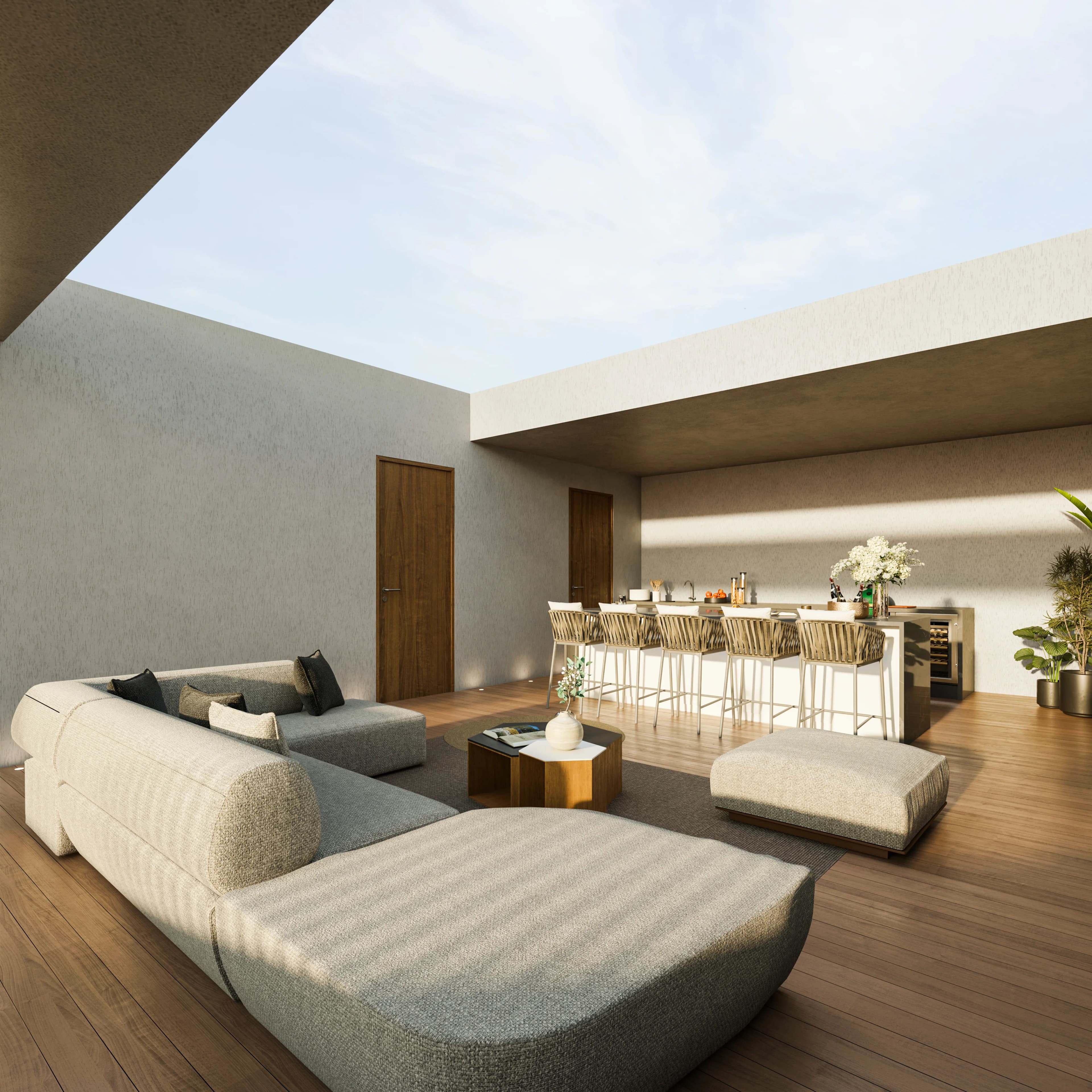 APEX's shared roof garden lounge with a bar and sofas