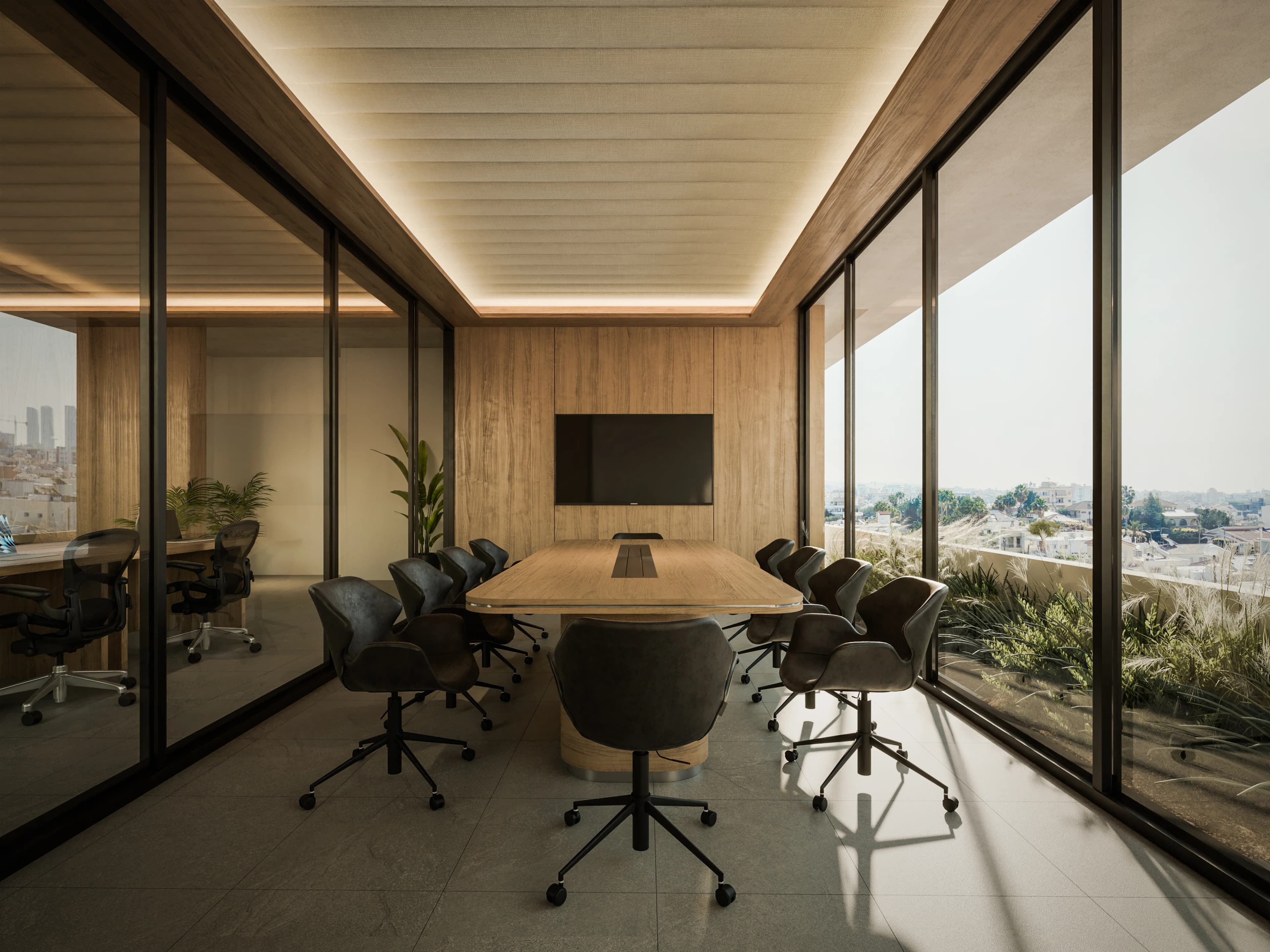 APEX meeting room with a long table and planted terrace outside