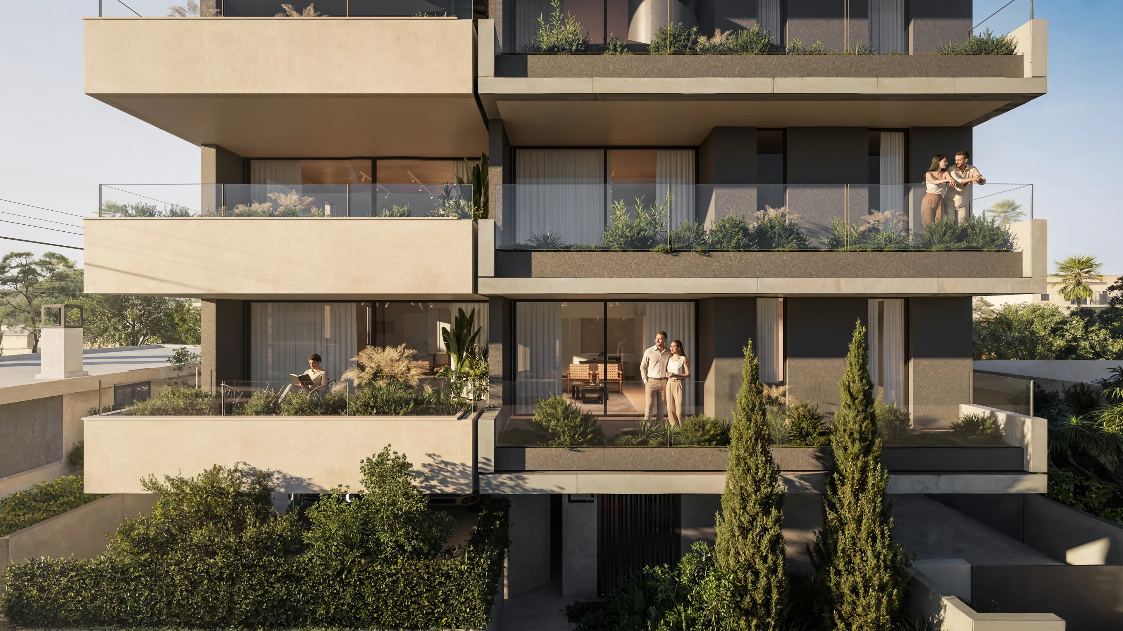 APOLLO's warm stone balconies with planters and residents out at sunset