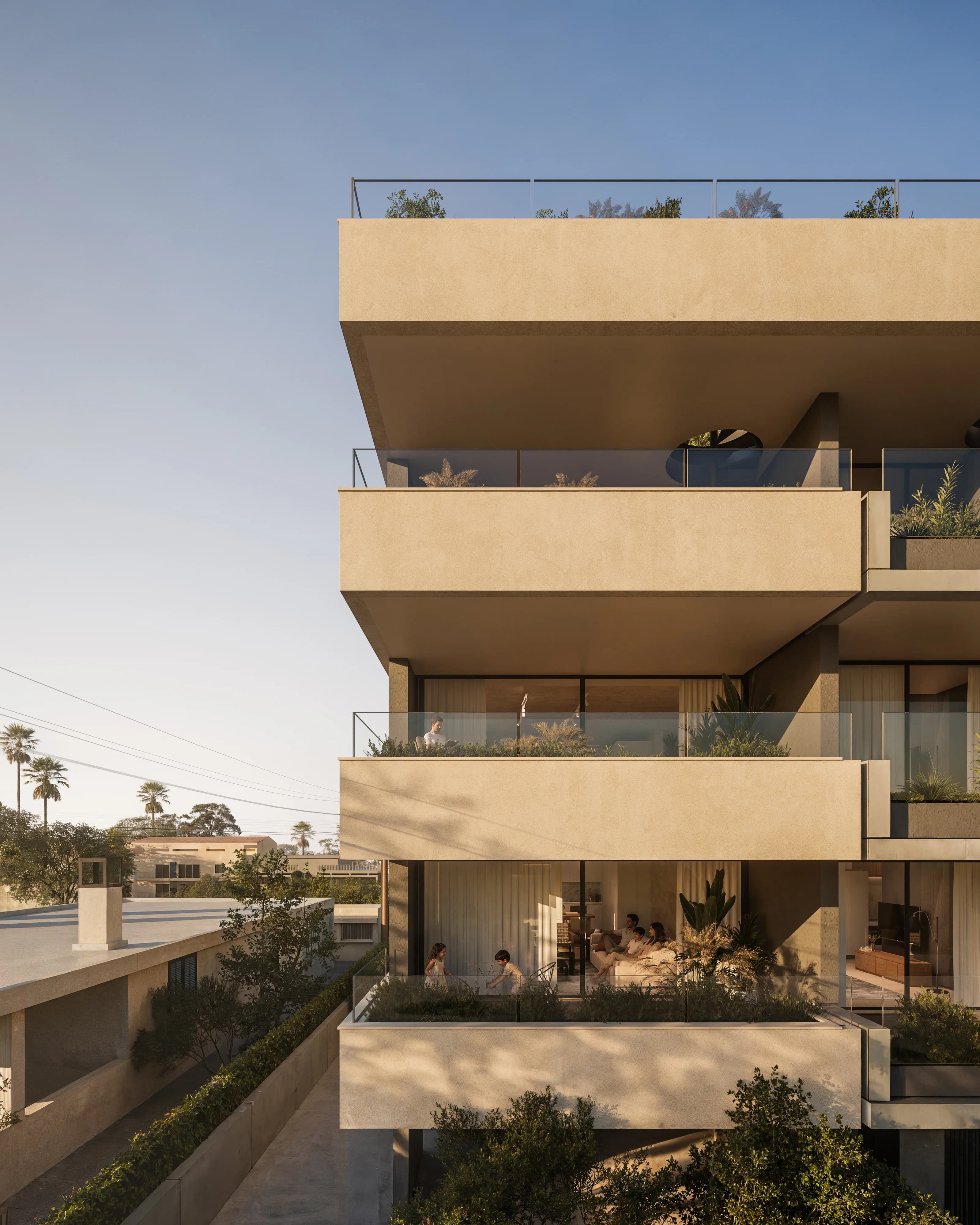 Deep APOLLO balcony with glass railing in the evening light