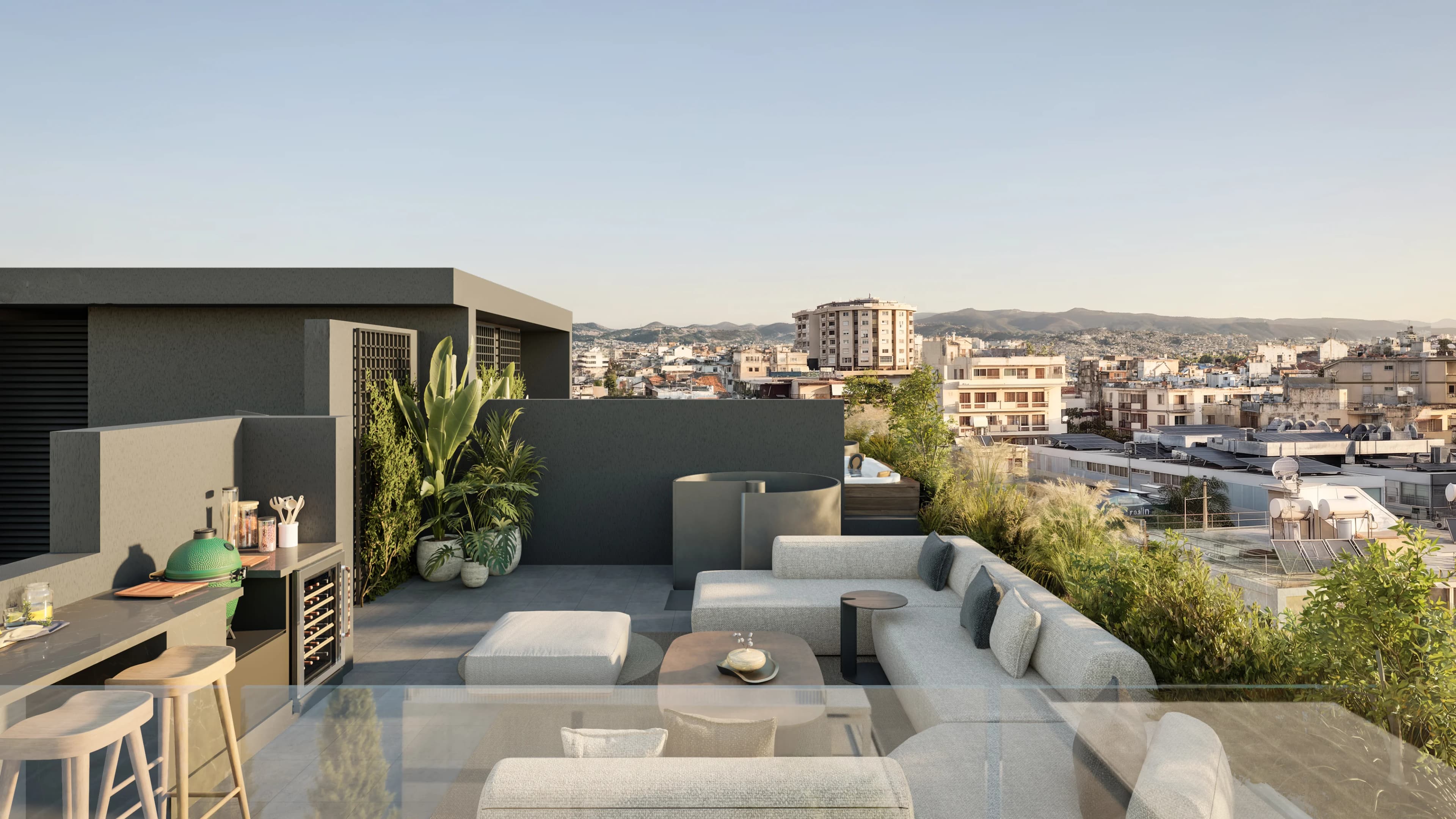 APOLLO roof terrace lounge looking over central Limassol to the hills