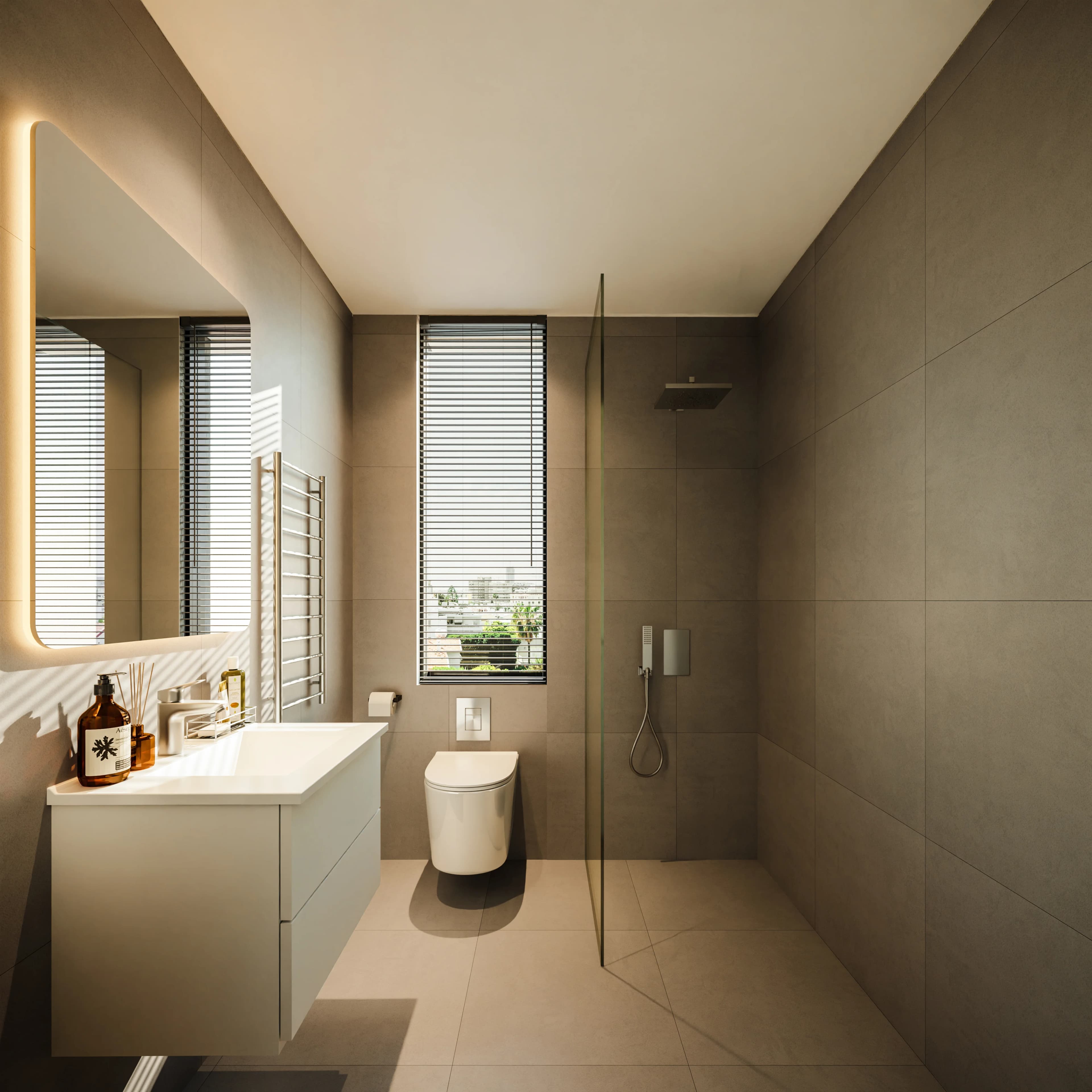 APOLLO shower room with a backlit mirror and slatted window