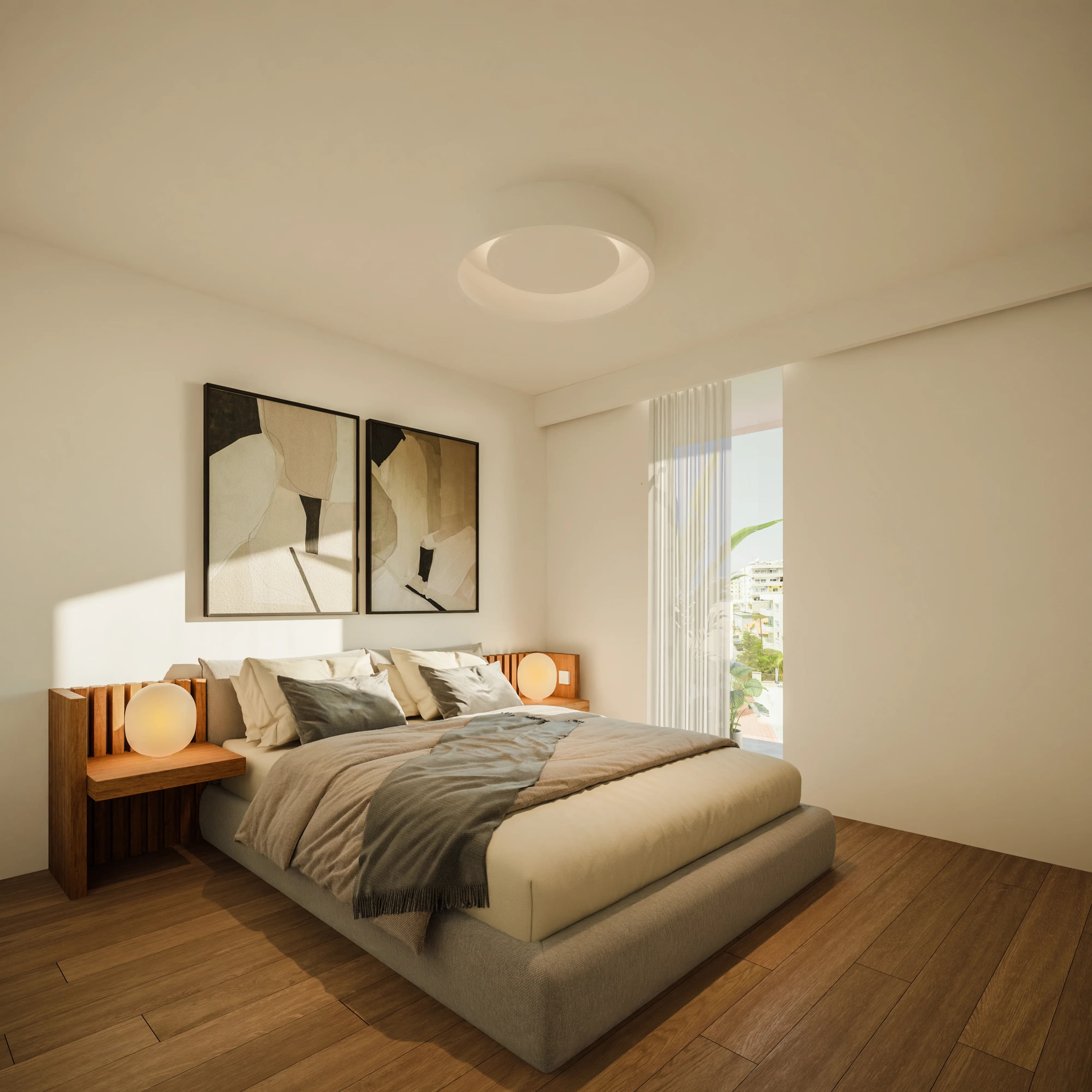 APOLLO bedroom with a timber headboard and paired artworks