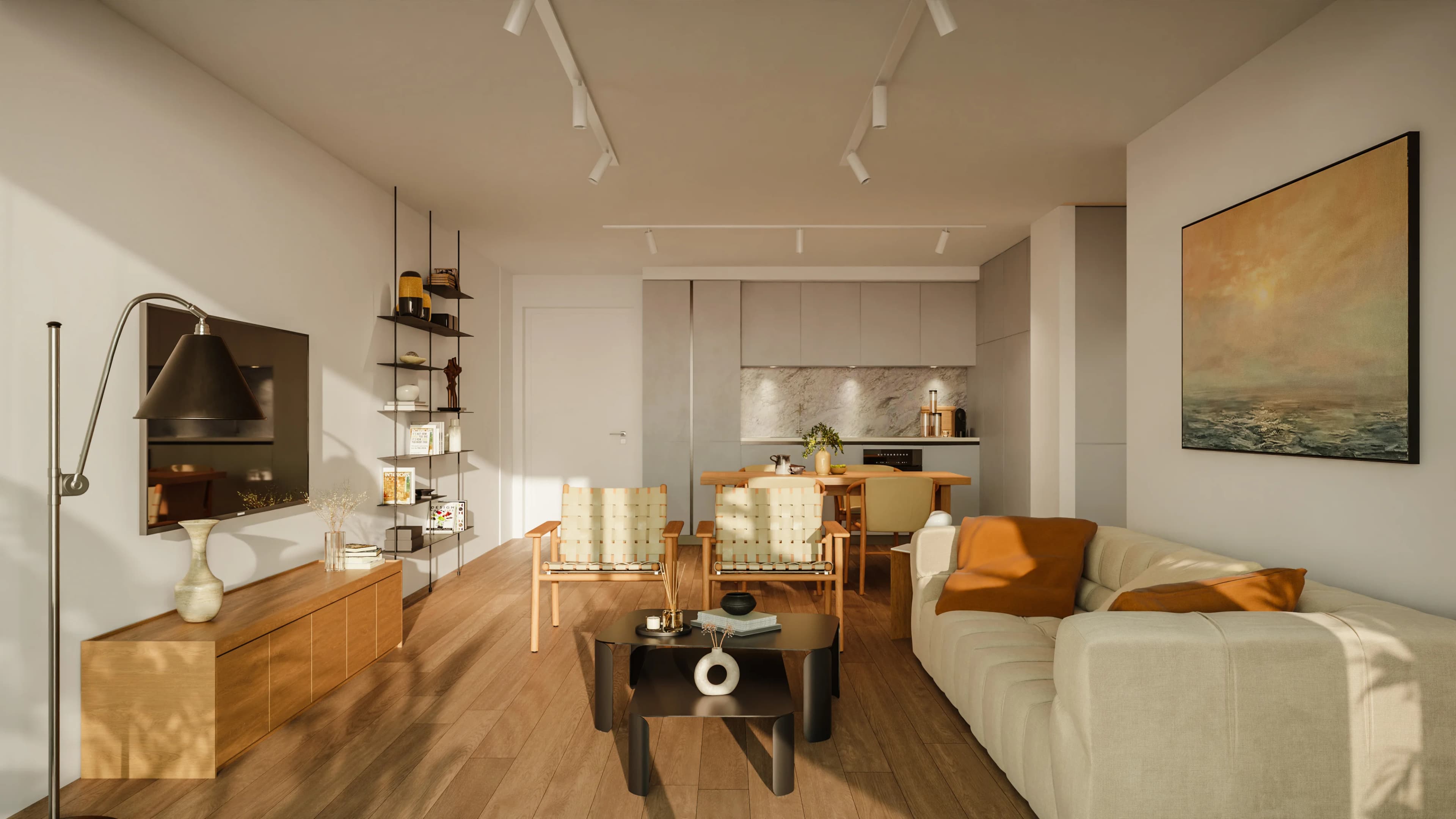 APOLLO living room with a cream sofa, open shelving and a kitchen beyond