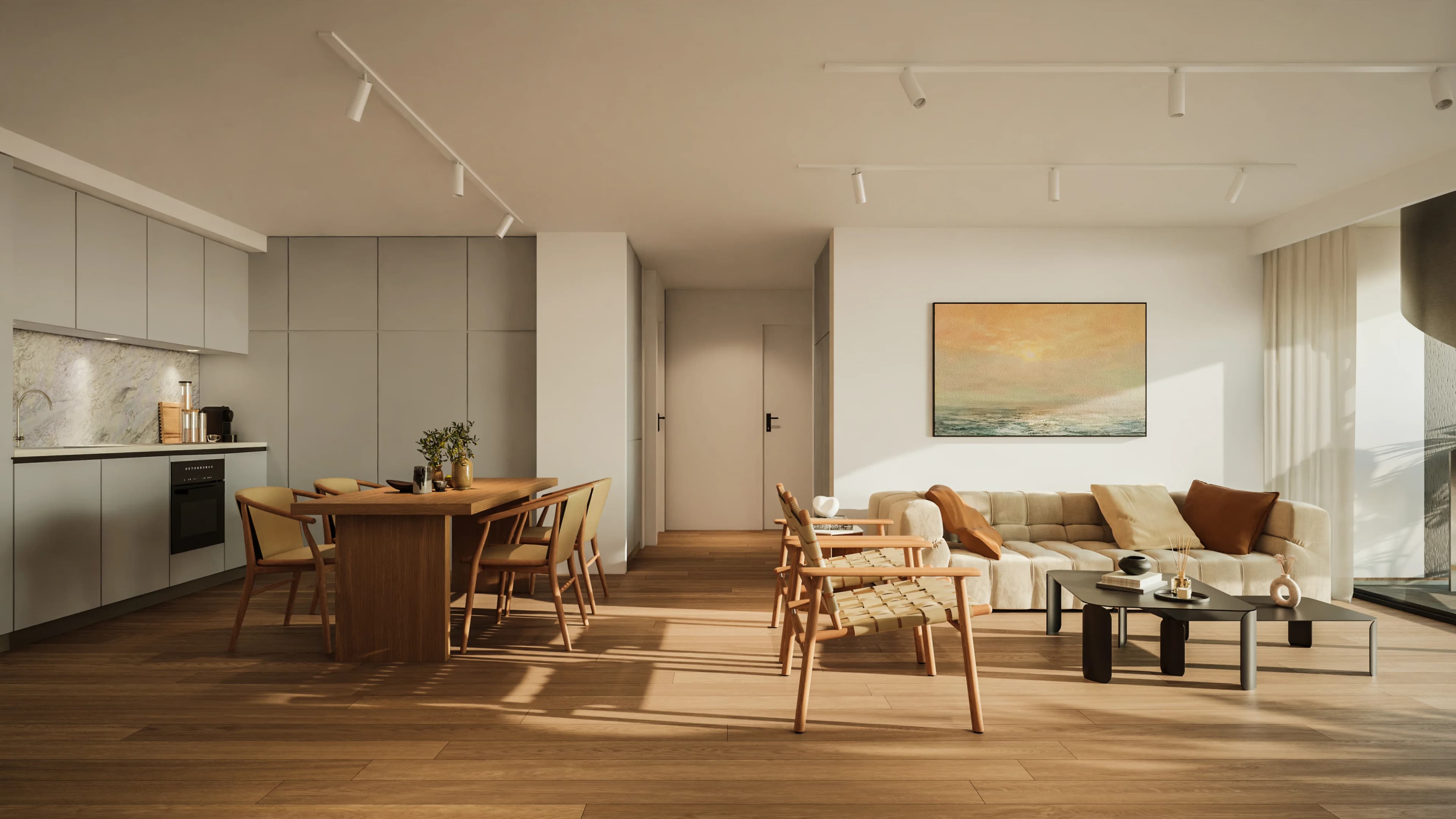 Open-plan APOLLO living and dining room with timber floors