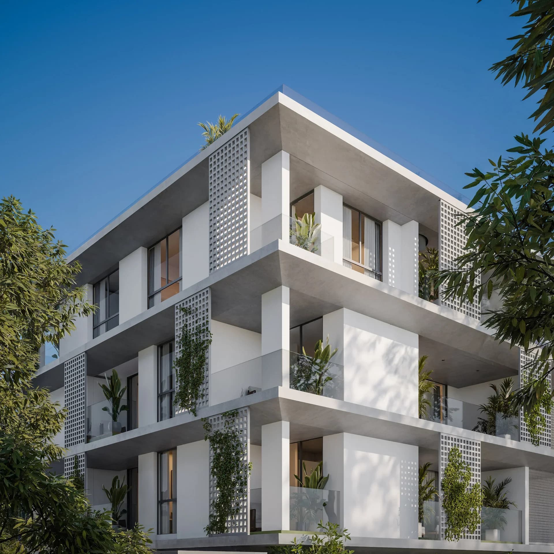 AURA's balconies with breeze-block screens and planting among trees