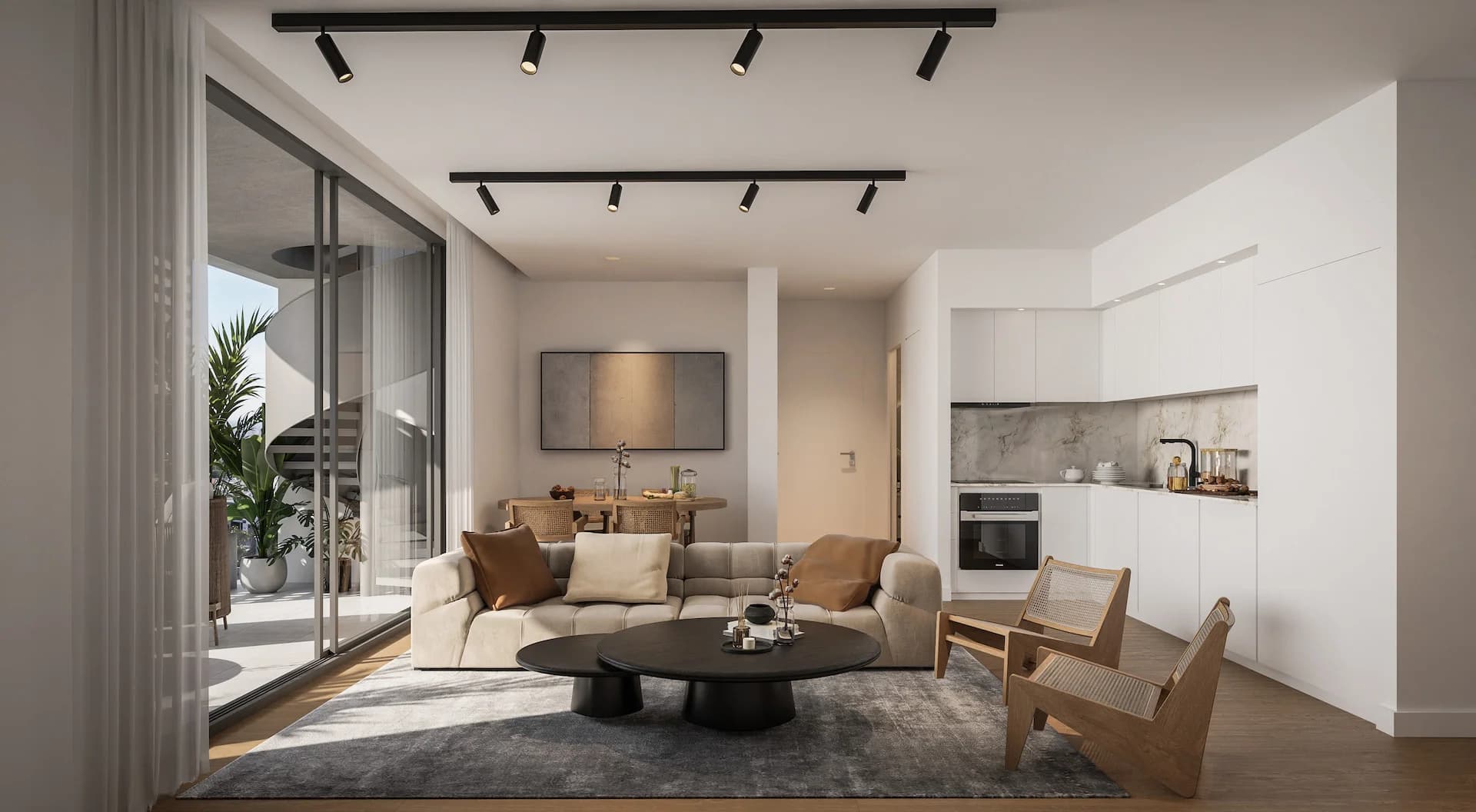AURA open-plan living room and kitchen beside a planted balcony