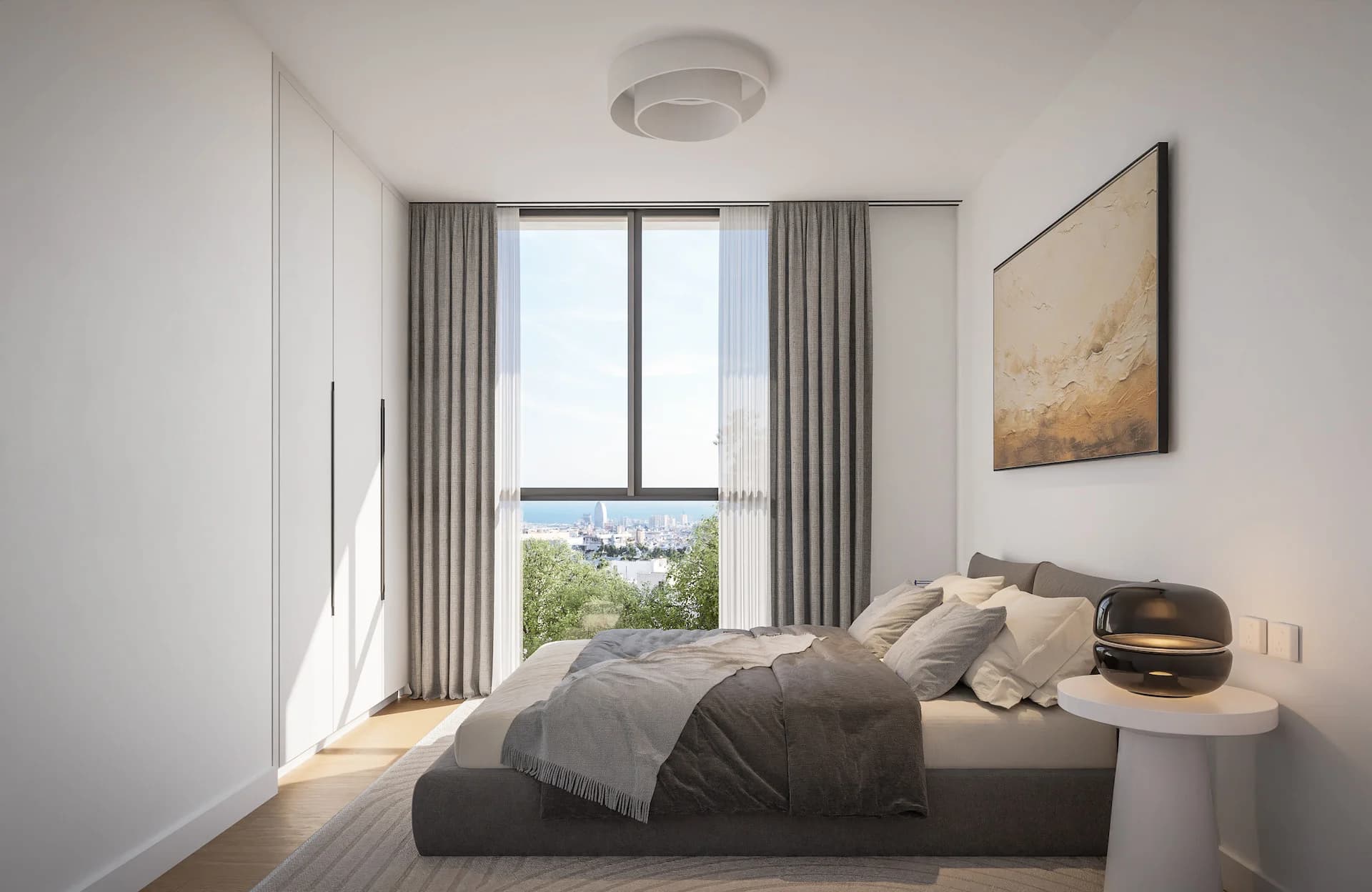 AURA bedroom with a tall window looking towards the sea