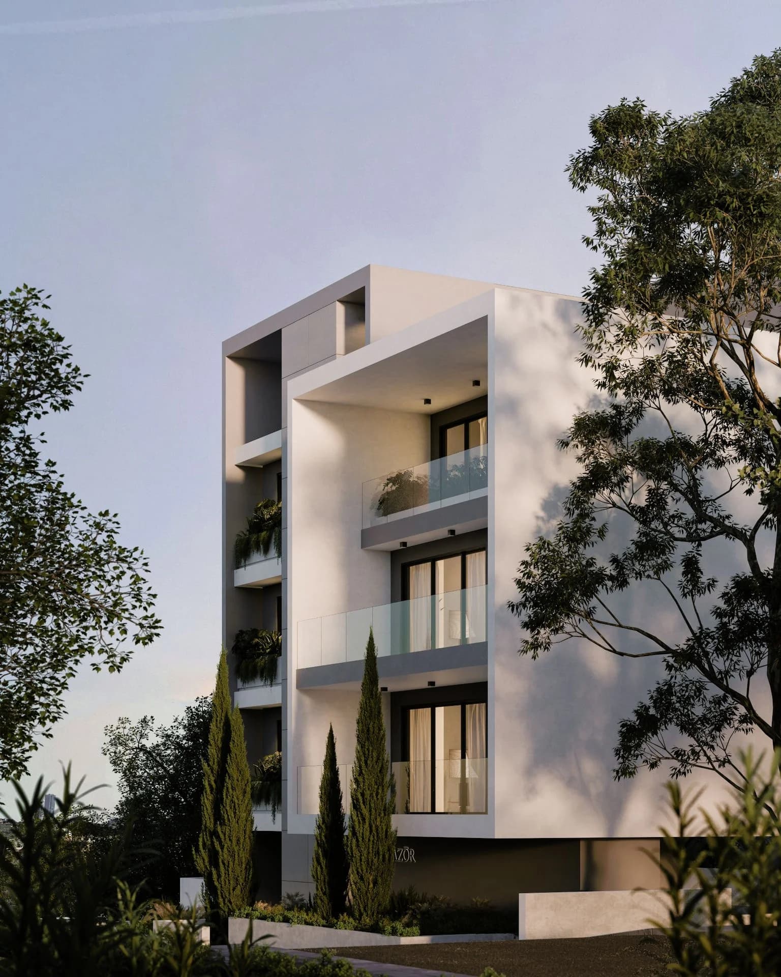 Corner of AZOR with deep white balconies framed by trees