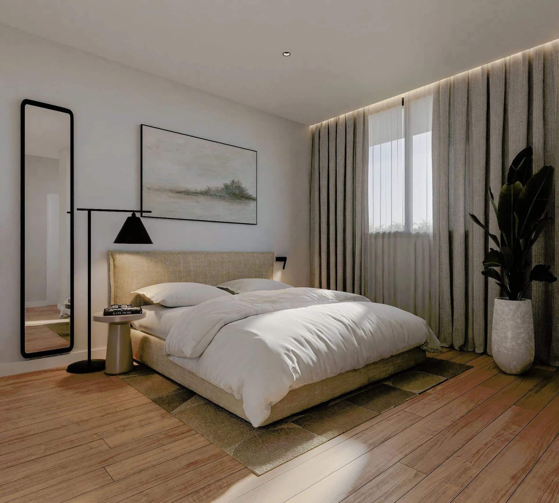 AZOR bedroom with a linen headboard and a tall floor mirror