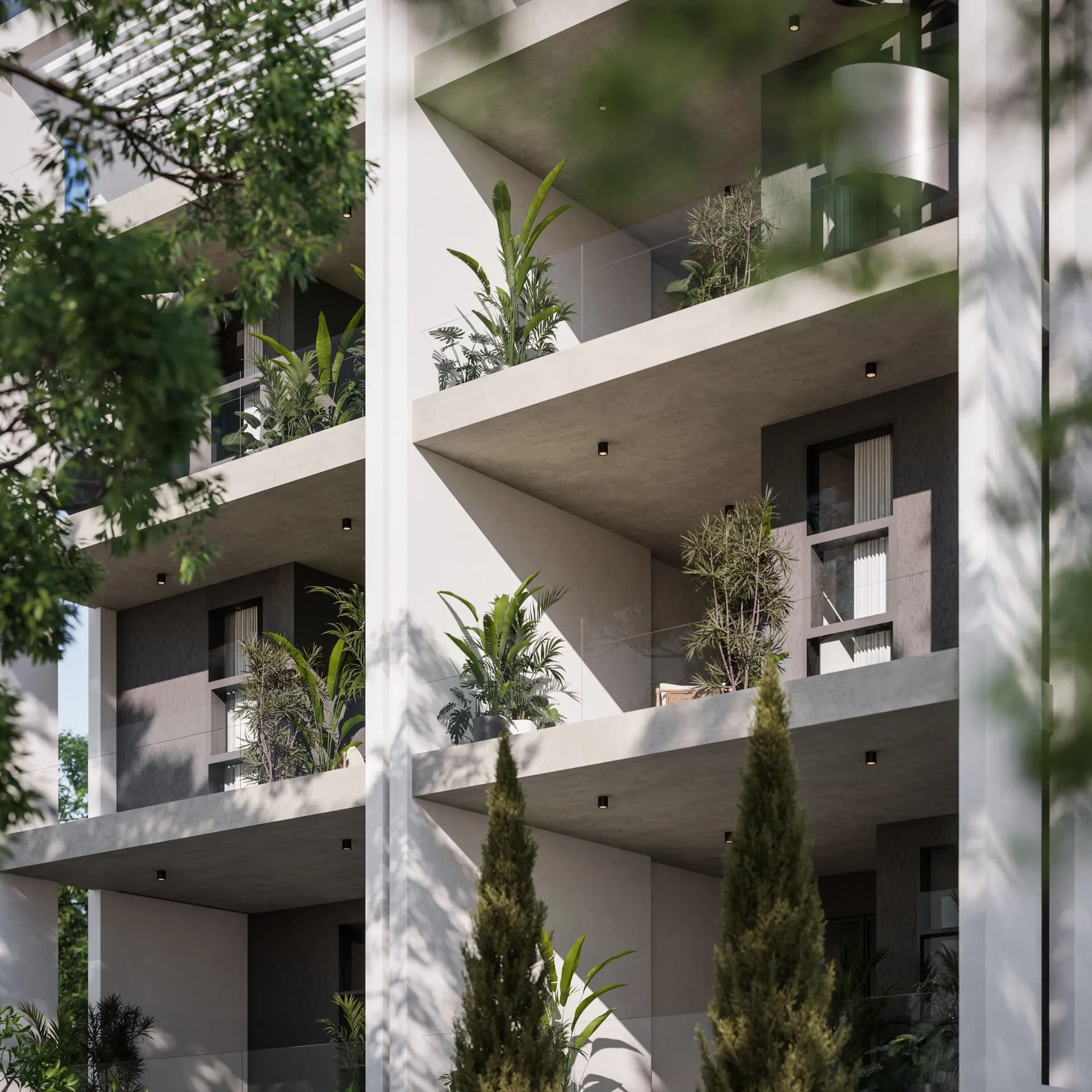 DELOMA balconies with planters and deep white frames