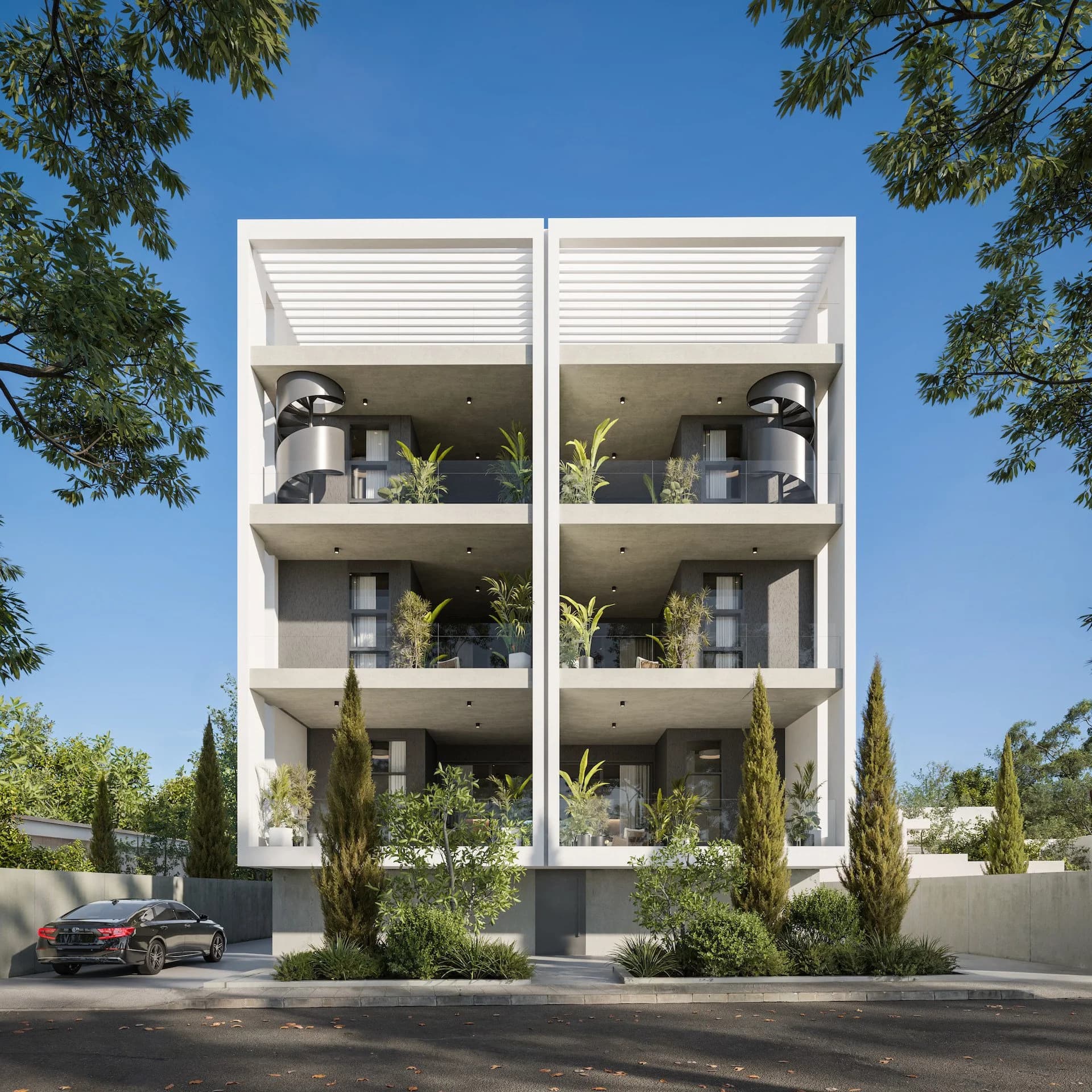 DELOMA's white front facade with pergolas and spiral stairs to the roof gardens