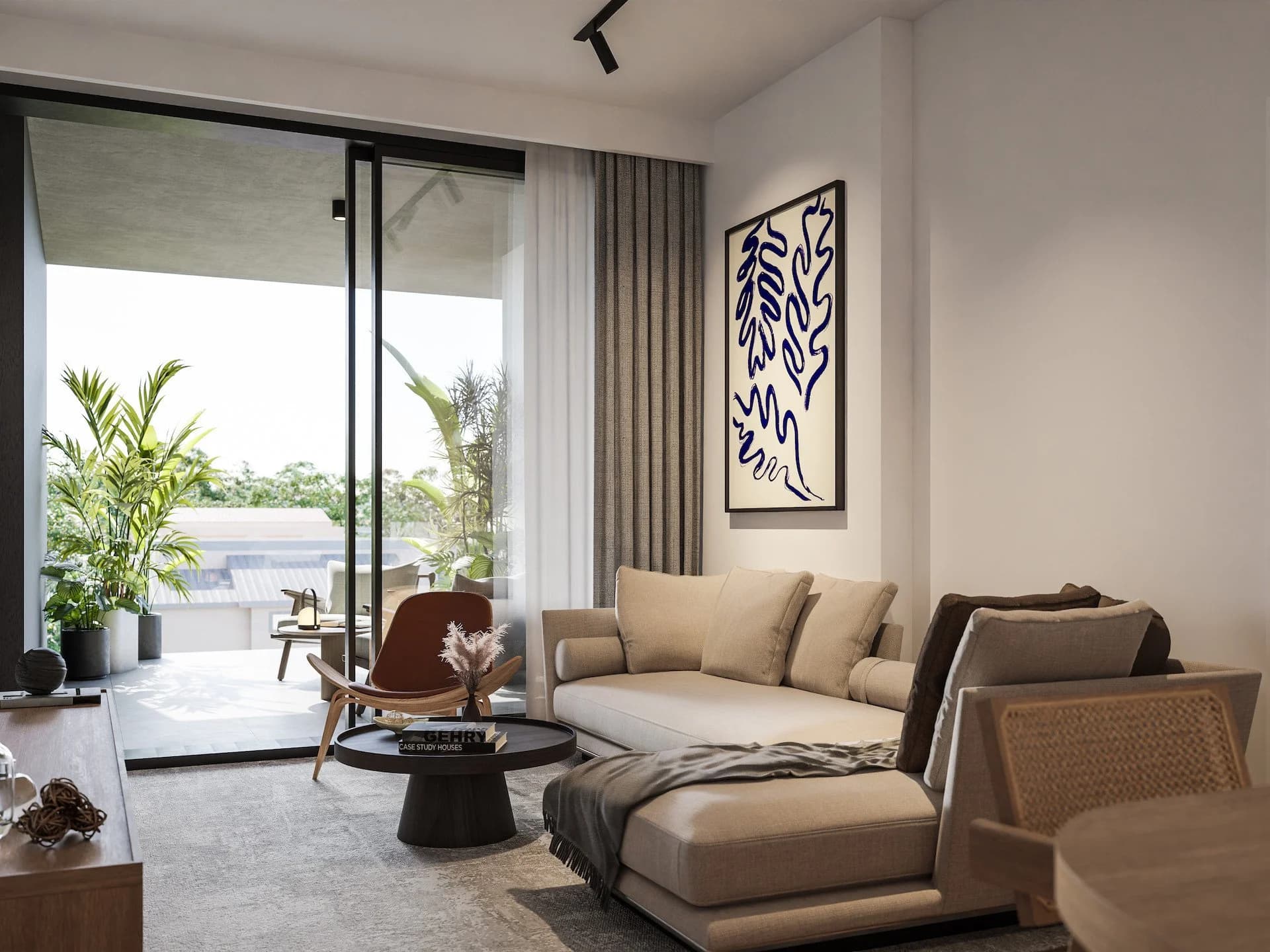 DELOMA living room opening onto a planted balcony