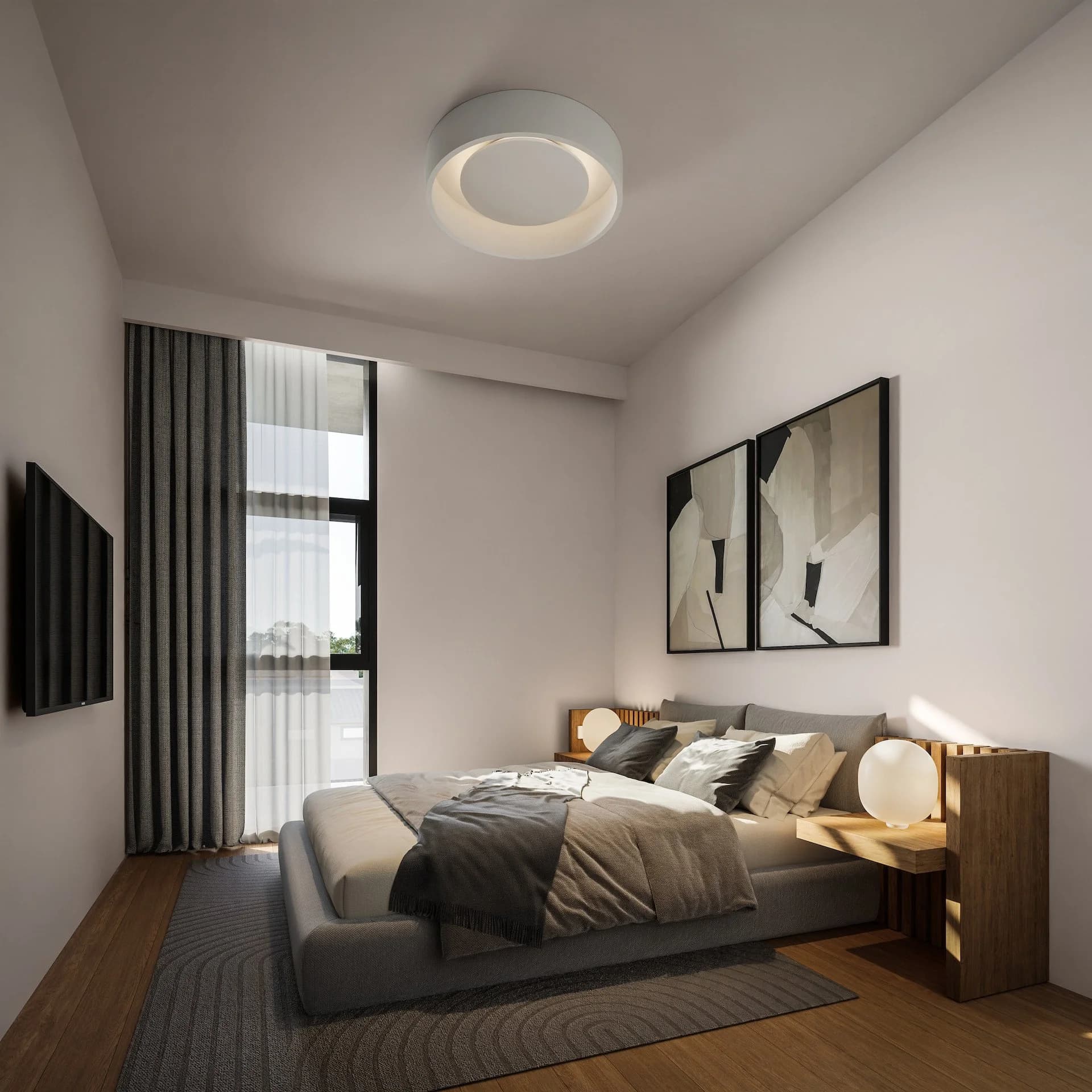 DELOMA bedroom with paired artworks and floor-to-ceiling curtains