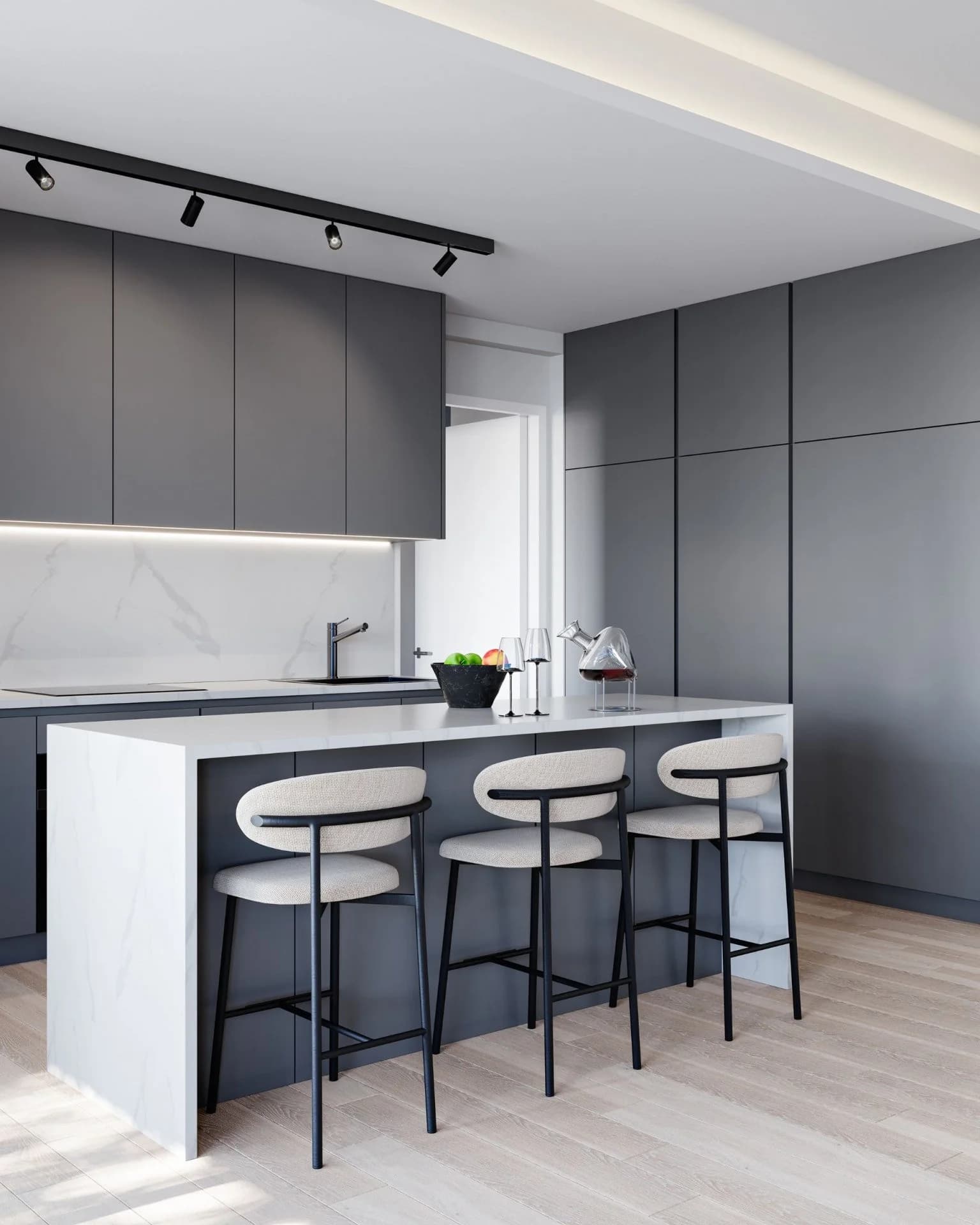 FLOW kitchen with a white island and bar stools