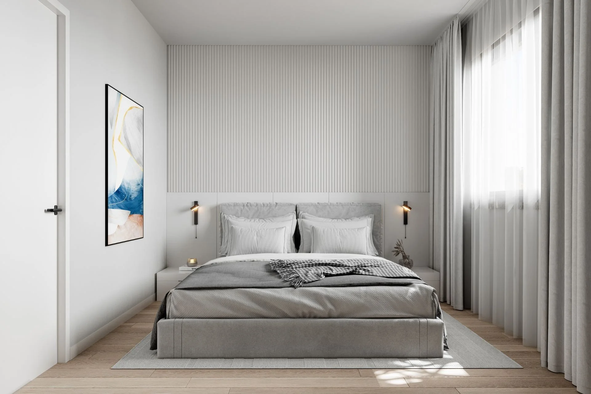 FLOW bedroom with a ribbed headboard wall