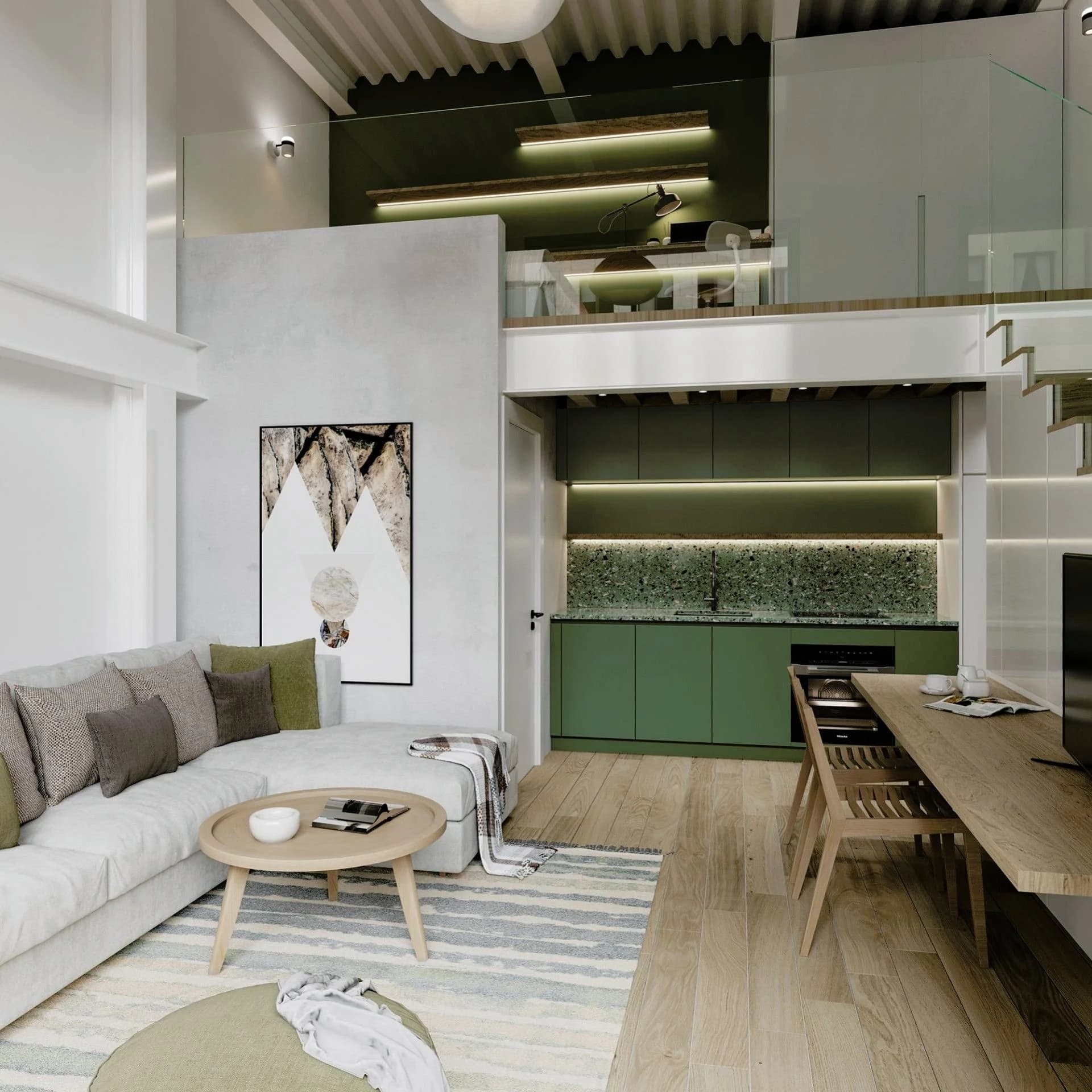 HARLIR duplex living room with a green kitchen under a mezzanine