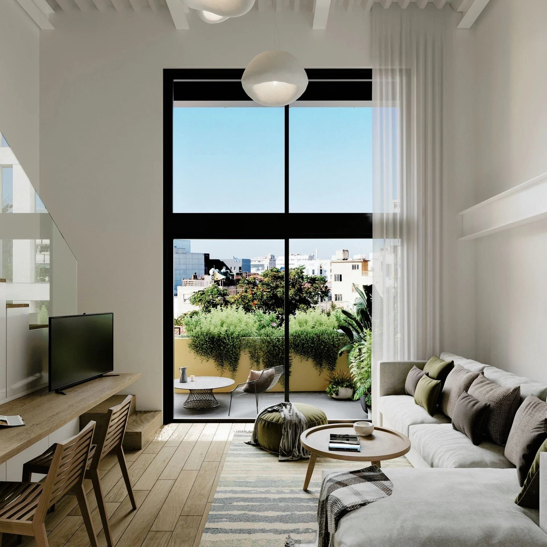 HARLIR double-height living room with a tall window onto a planted terrace