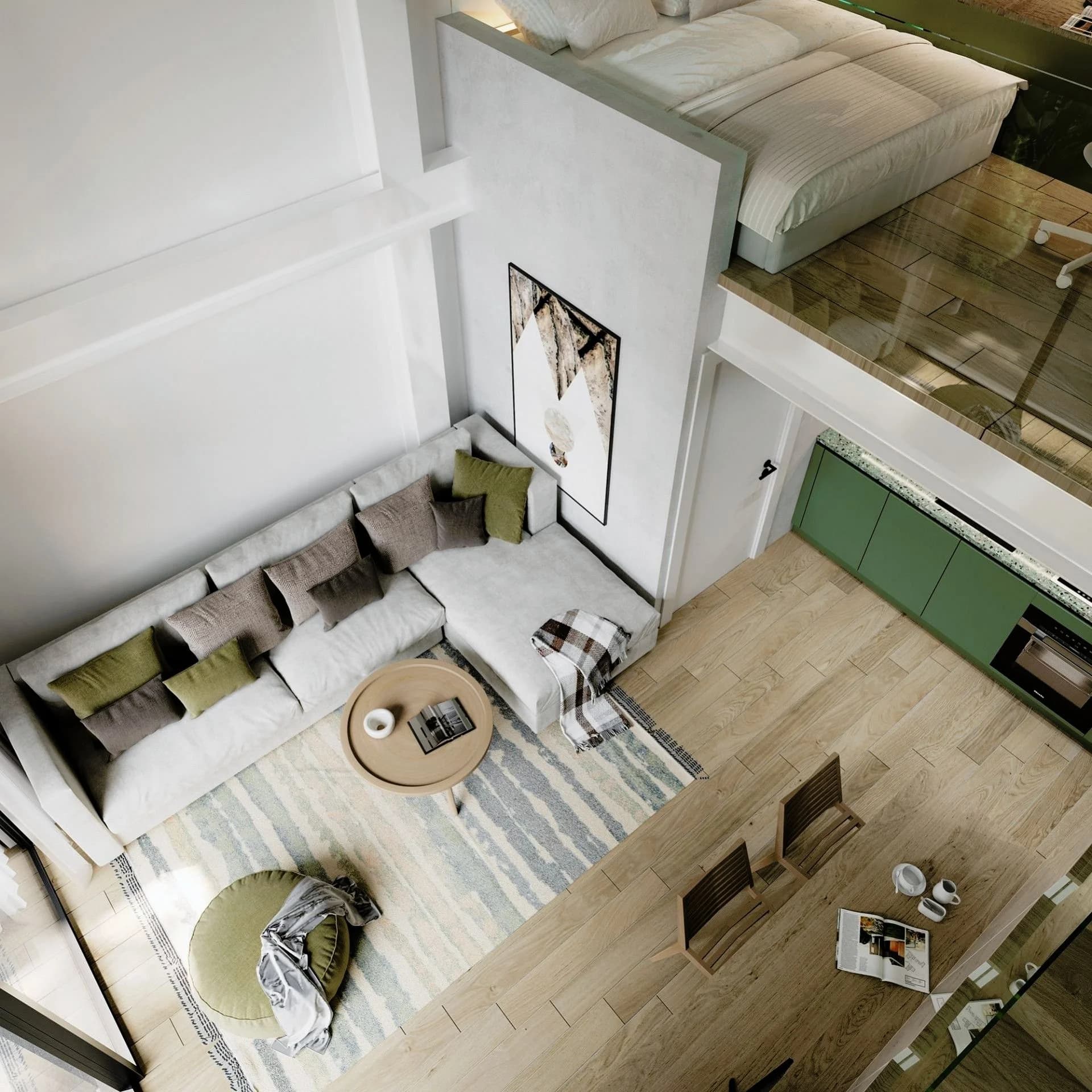 Looking down from a HARLIR mezzanine onto the living room