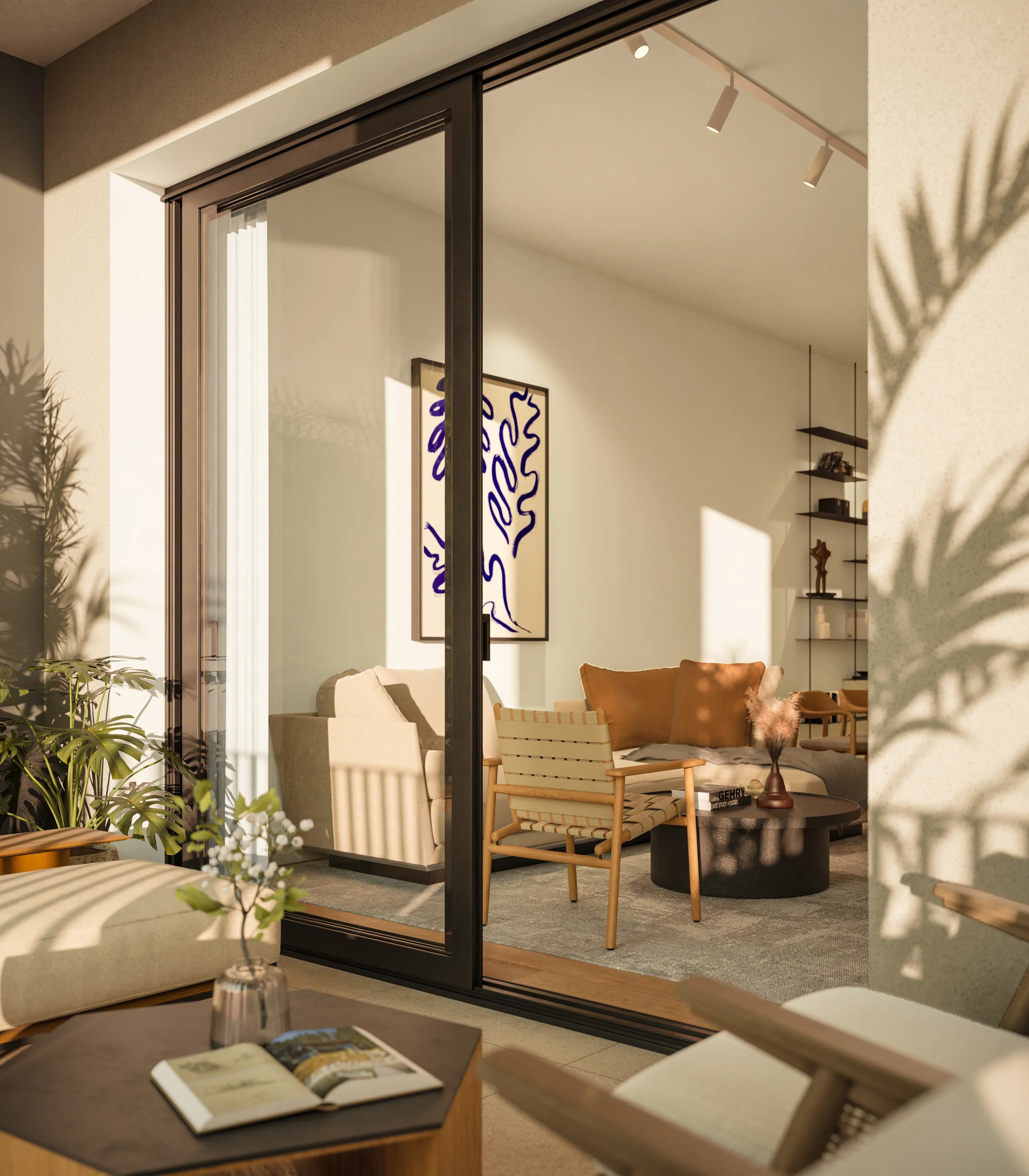 Sunlit IRIS living room opening onto a planted veranda
