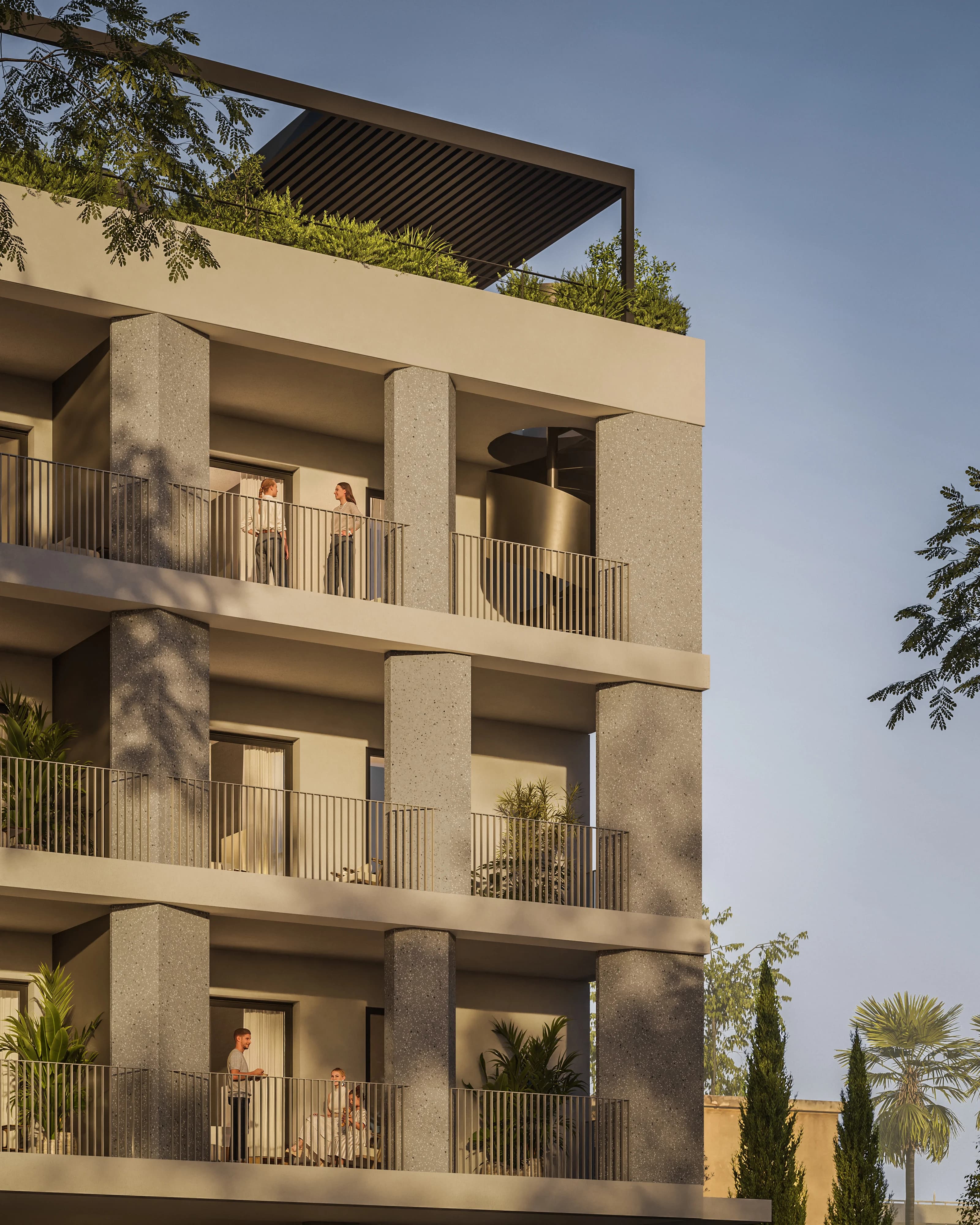 Close view of IRIS's balconies with slim metal railings and textured stone columns