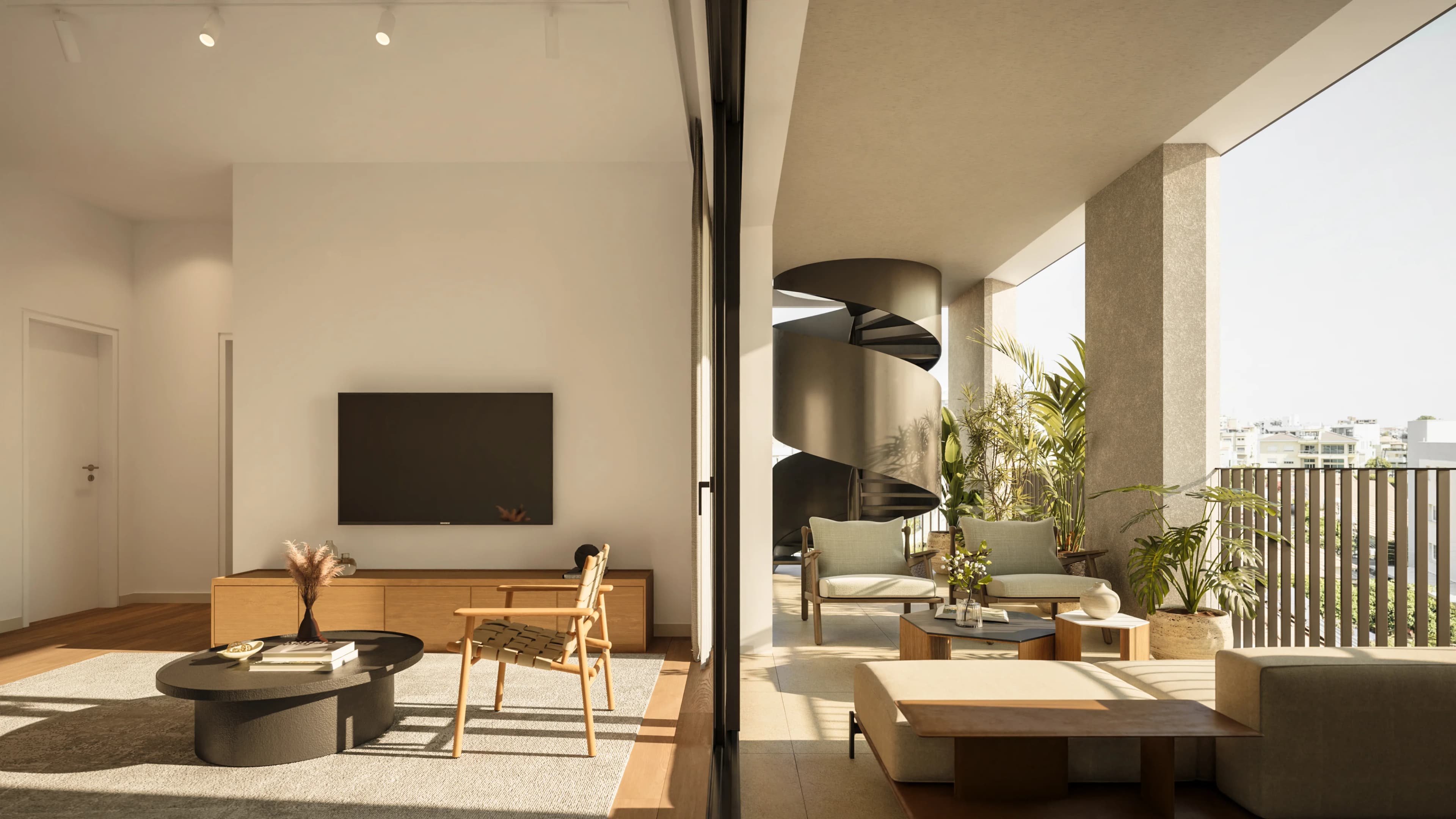 IRIS living room opening onto a covered terrace with a spiral stair to the roof garden