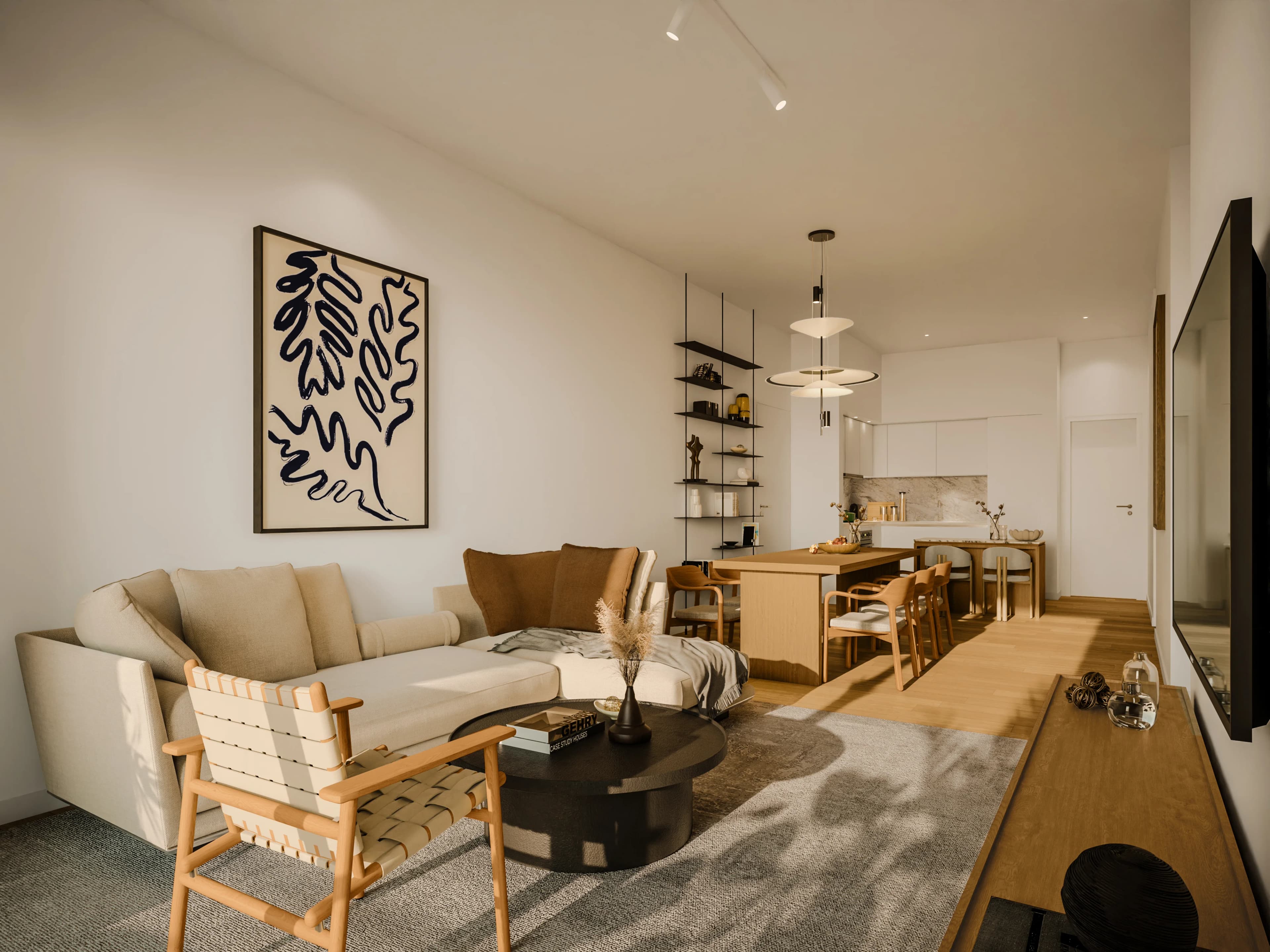 Open-plan IRIS living and dining area with oak floors and a light kitchen beyond