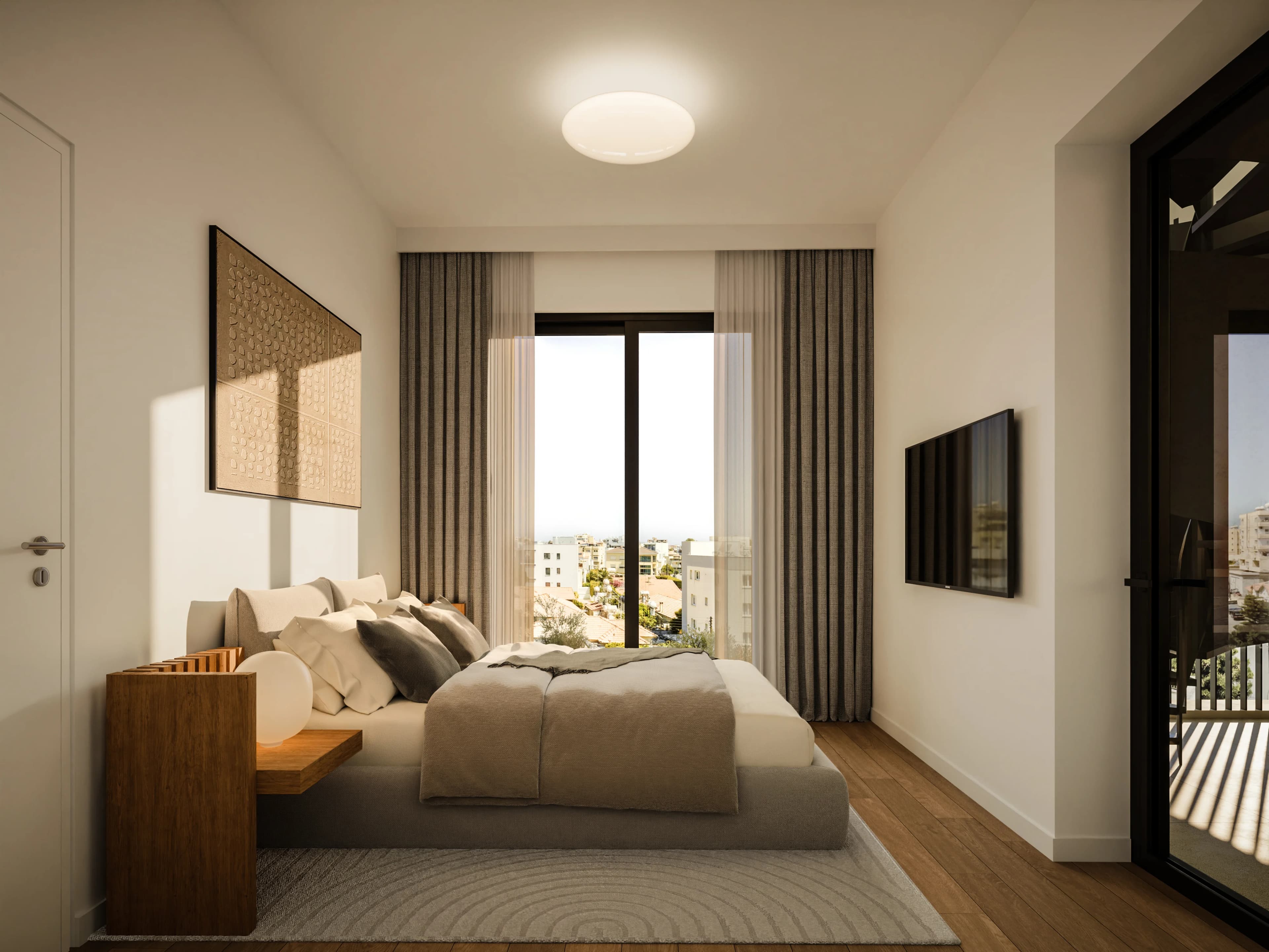 Calm IRIS bedroom with a full-height window and city views