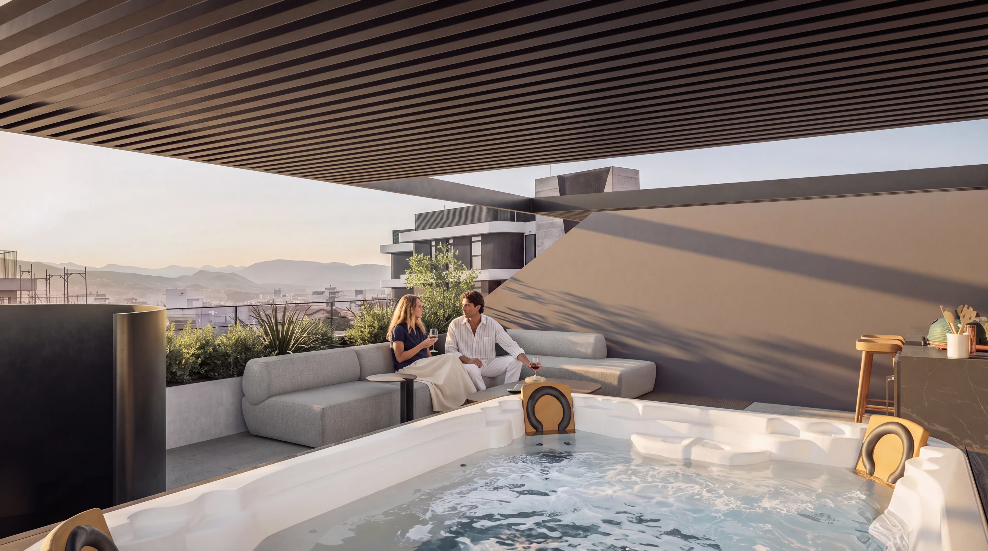 Roof terrace hot tub at IRIS looking out over Limassol's rooftops to the hills